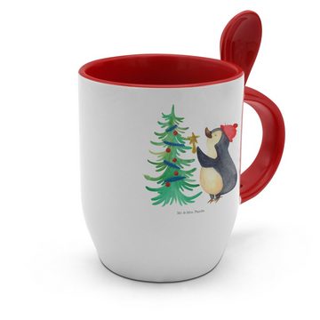 Mr. & Mrs. Panda Tasse Pinguin Weihnachtsbaum - Weiß - Geschenk, Advent, Wintermotiv, Kaffee, Keramik, Inklusive Löffel