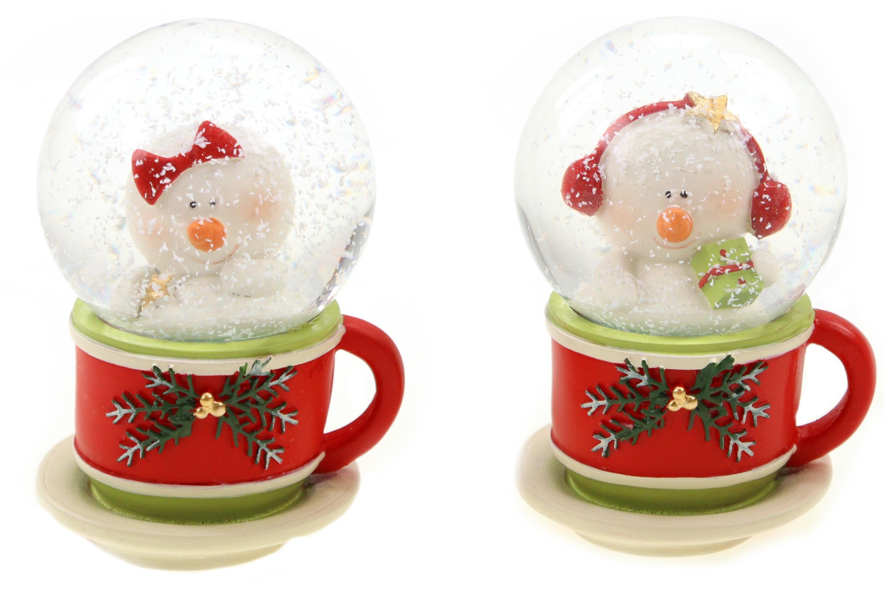 ELLUG Schneekugel 2er Set Schneekugel 45mm in weihnachtlicher Tasse H: 7cm, zum Schütteln mit Schneefall