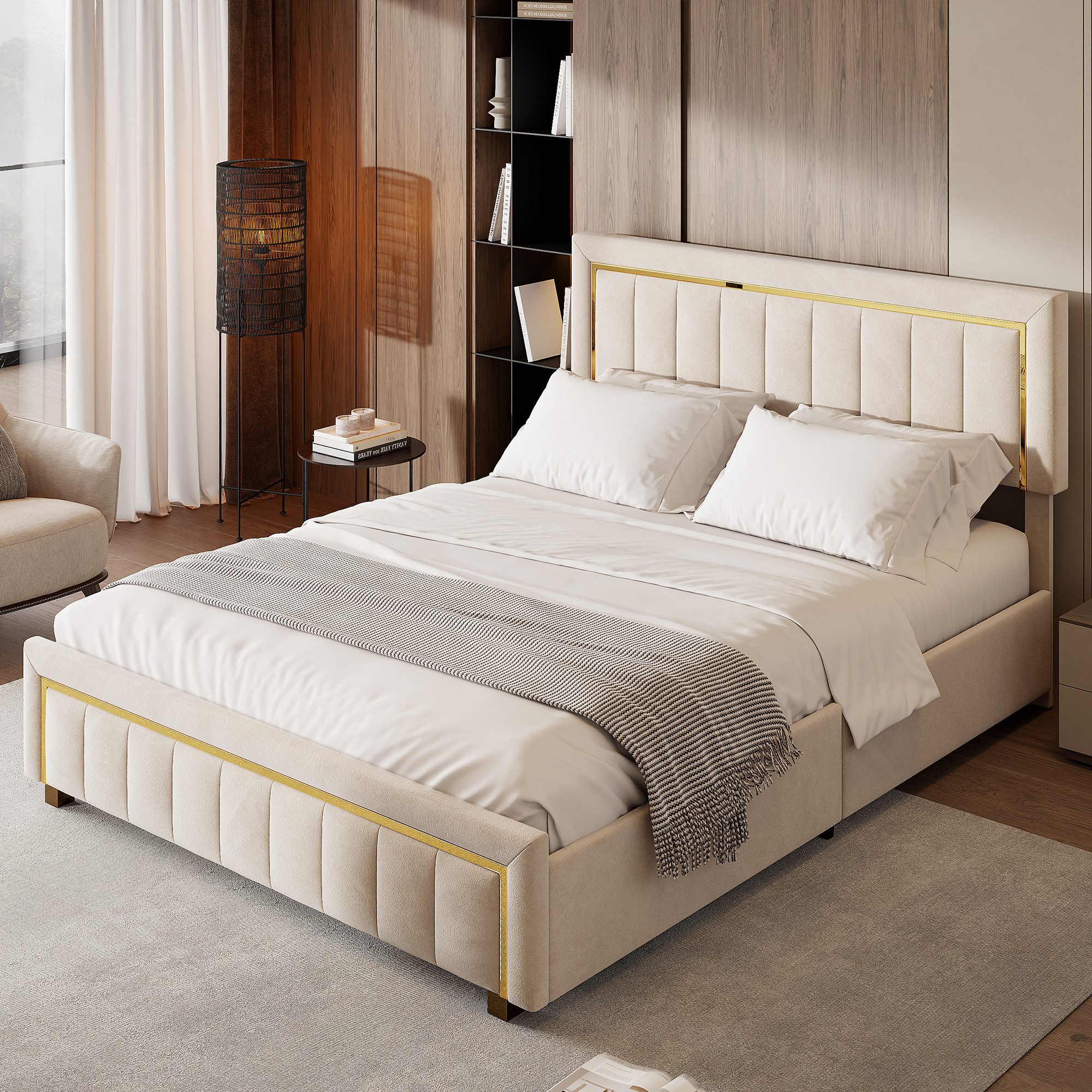 PXloue Stauraumbett Elegantes Polsterbett mit goldenen Akzenten und gepolst günstig online kaufen