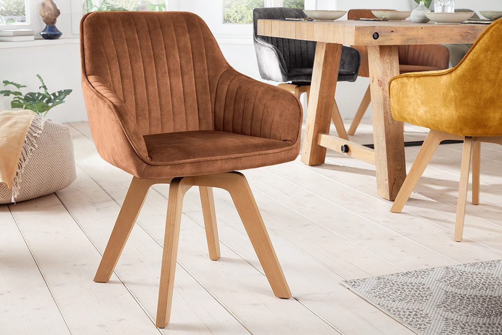 riess-ambiente Polsterstuhl LIVORNO rost braun/natur – Samt, drehbar, Holz-Beine, mit Armlehne (Einzelartikel, 1 St), mit 180° Drehfunktion und Autoreturn – ideal für Dein Esszimmer
