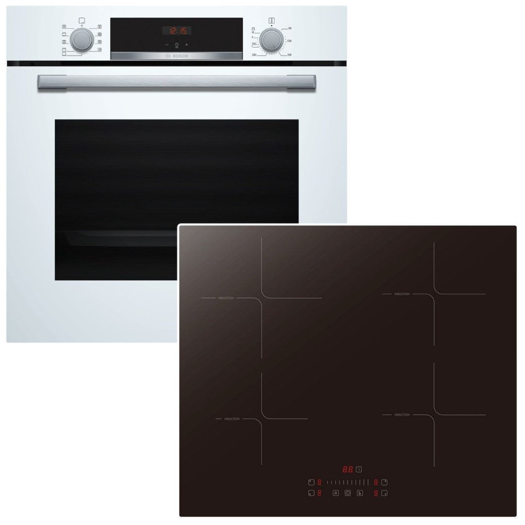 BOSCH Backofen-Set Backofen 3DHeißluft Pizzafunktion Hydrolyse + PKM Induktionsfeld Boost, Hydrolyse EcoClean Direct