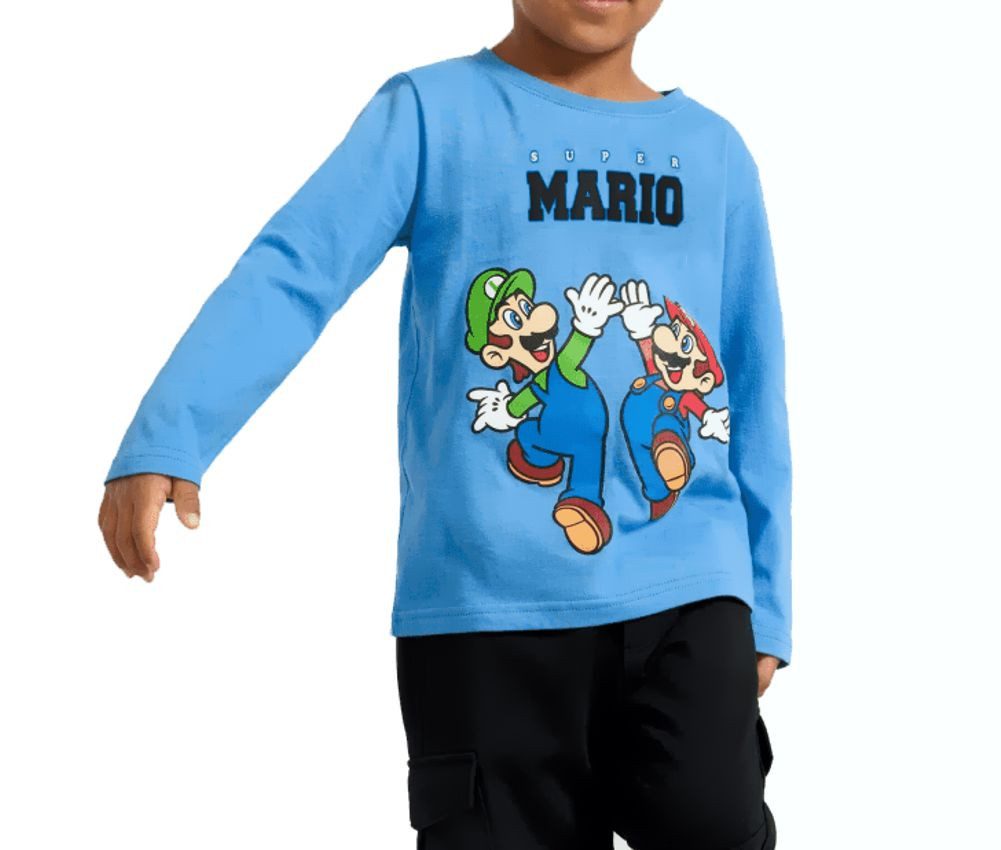 Super Mario Langarmshirt Super Mario Jungen Langarmshirt Longsleeve Blau Beige Gr. 110-152 Super Mario Kinder Langarm Shirt