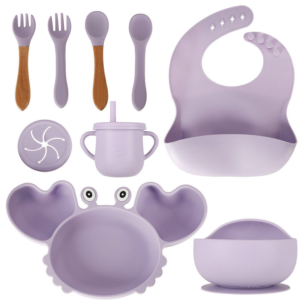 Ikonka Silikon Kindergeschirr Esslernset Babygeschirr, gebrauchsfertig, (Spar-Set, 9-tlg., 27 x 16 x 4 cm rutschfest), BPA-frei, Saugnapf, Lätzchen, Besteck, ab 6 Monaten