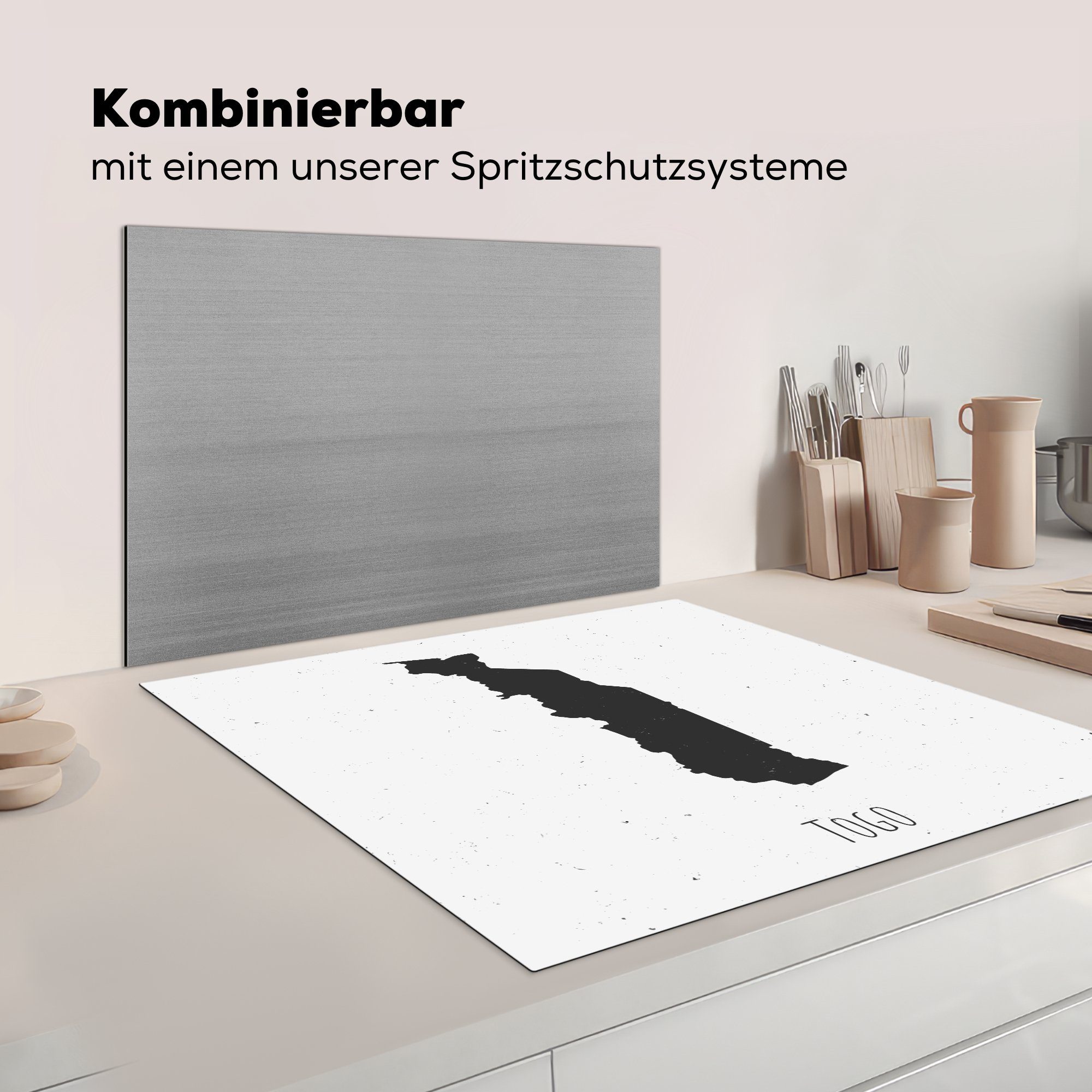 von MuchoWow küche cm, Vinyl, 78x78 Eine (1 einem schwarz-weiße tlg), Ceranfeldabdeckung, auf mit, Illustration Togo Herdblende-/Abdeckplatte für Arbeitsplatte Hintergrund