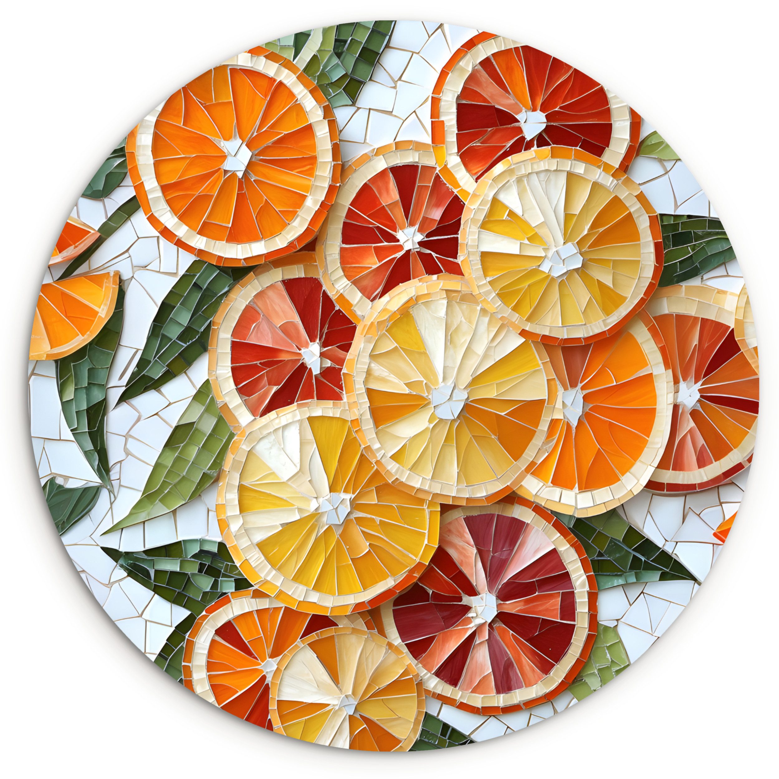MuchoWow Gemälde Scheiben - Obst - Orange - Mosaik, Fotodruck (1 St), Kreis Wanddekoration, Rundes Wandbild, 30x30 cm