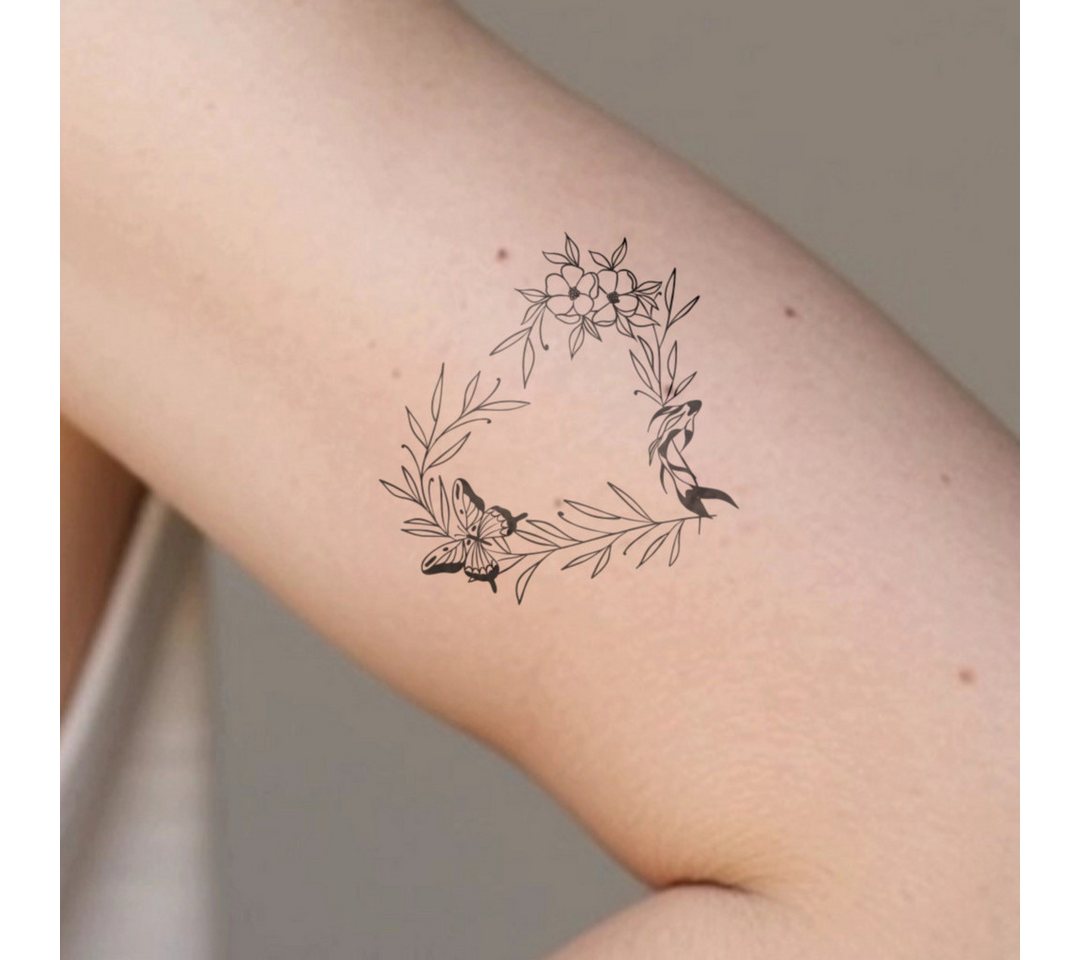 Inkster Schmuck-Tattoo Herz- Blumen-Kranz mit Schmetterling und Fisch Tattoo, wasserfestes temporäres Tattoo, 2 Wochen Halt