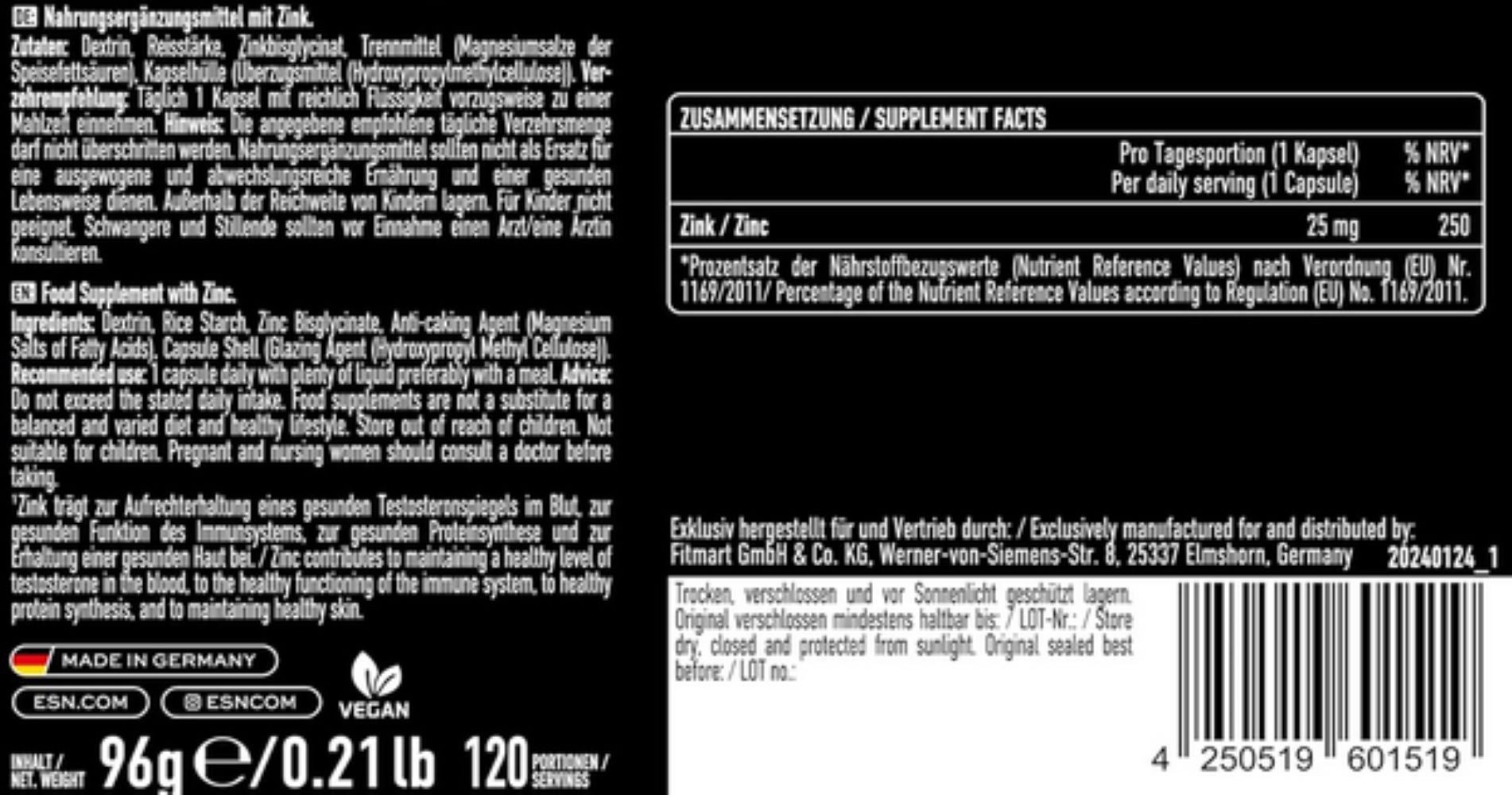 ESN ESN Zink 120 Kapseln Zinkbisgycinate Kapseln, 120 St., 96 g, Chelat-Form (Zinkbisglycinat) für eine gute Aufnahme