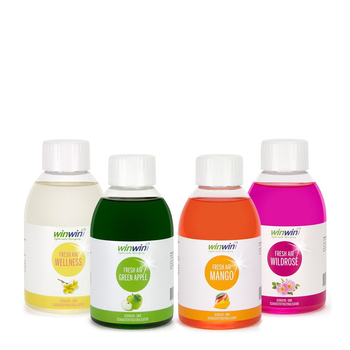 winwinCLEAN Raumduft fresh AIR SET 4x 250ml: Raumluft-Deo, Luftreinigungs-Konzentrat (Spar Set, 4-St., fresh AIR 250ml I Wellness I Green Apple I Mango I Wildrose), Geruchsentferner,Geruchsneutralisierer,Reinigungsmittel,Air Purifier