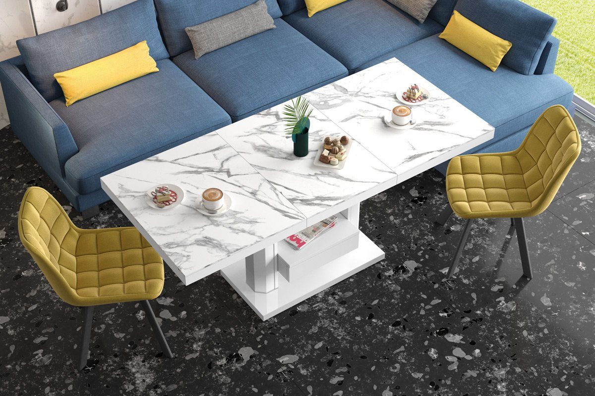 designimpex Couchtisch Design Tisch Hochglanz höhenverstellbar Natur HM-120 Hochglanz ausziehbar Hochglanz - Weiß stufenlos Marmor