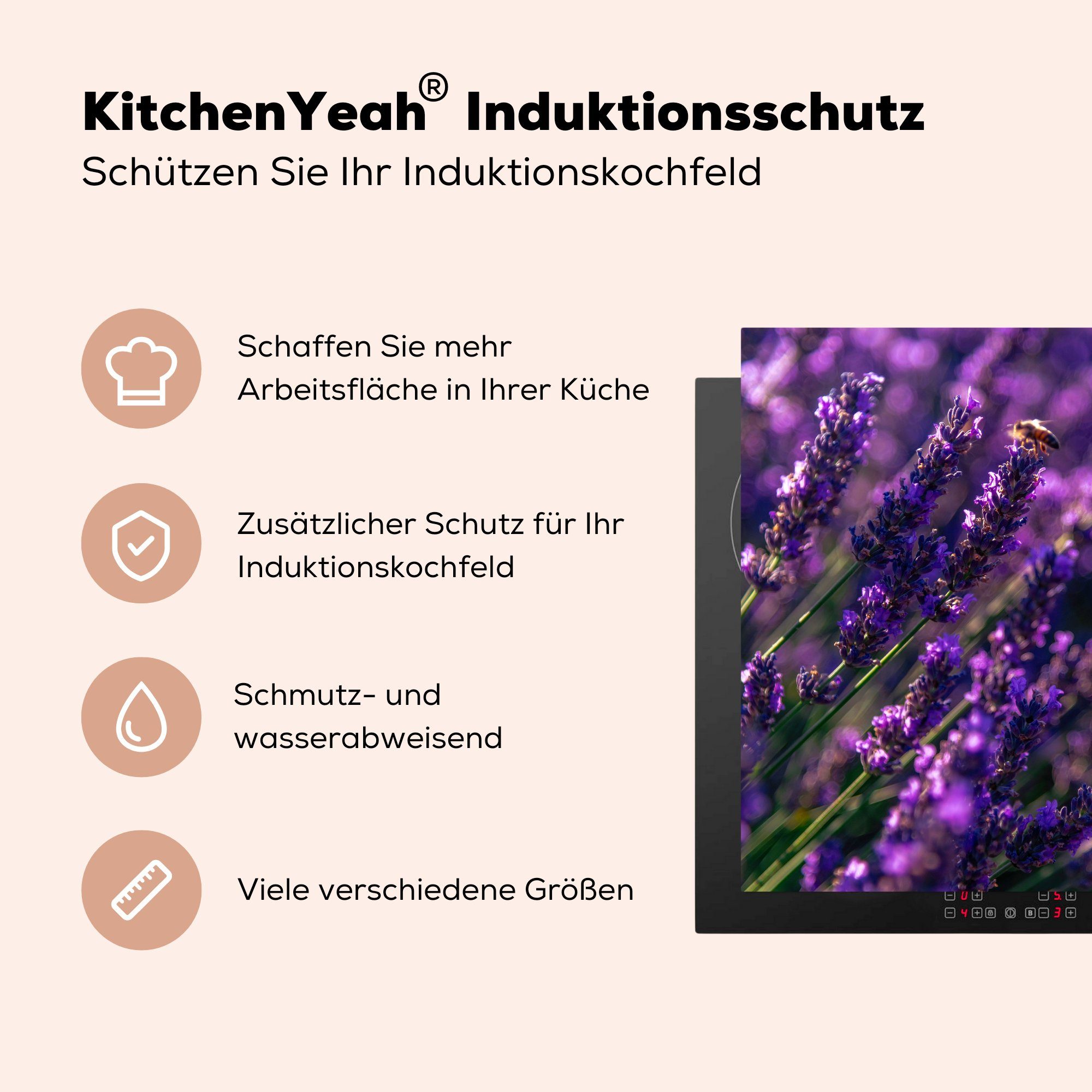 (1 küche Nahaufnahme cm, Ceranfeldabdeckung, Lavendel 78x78 für tlg), Vinyl, von mit Biene, MuchoWow Herdblende-/Abdeckplatte Arbeitsplatte