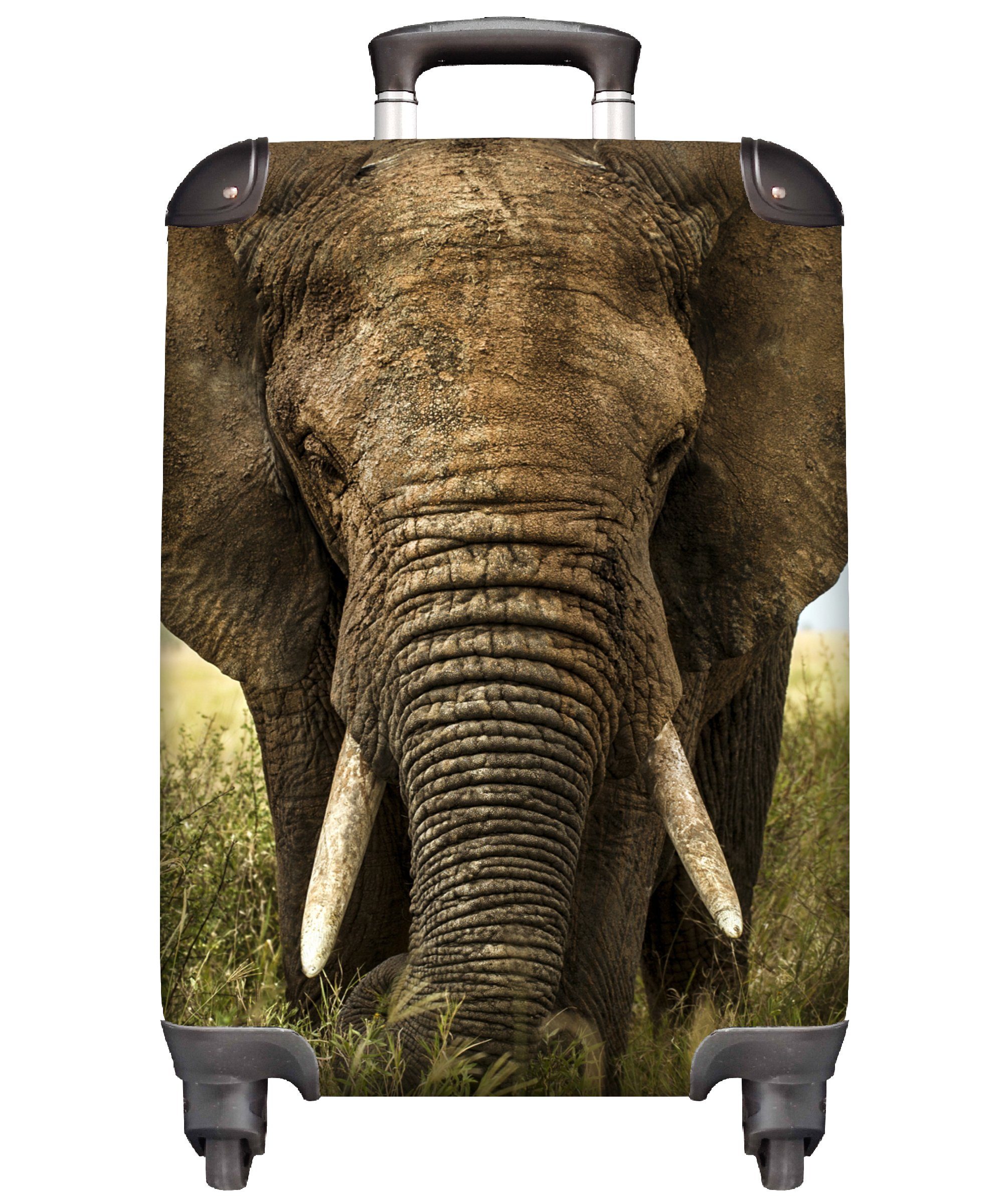 MuchoWow Handgepäckkoffer Elefant - Natur - Gras - Tiere - Landschaft, 4 Rollen, Reisetasche mit rollen, Handgepäck für Ferien, Trolley, Reisekoffer