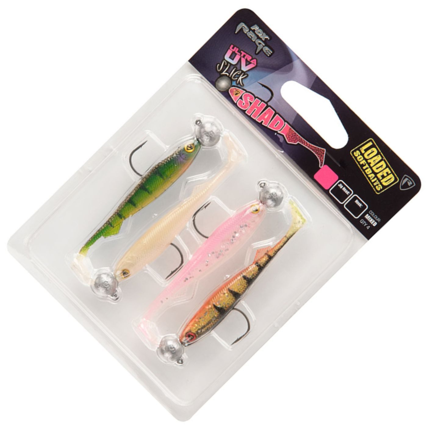 Fox Rage Kunstköder Fox Rage UV Slick Shad Loaded 9cm 7g 2/0 - 4 montierte Gummifische