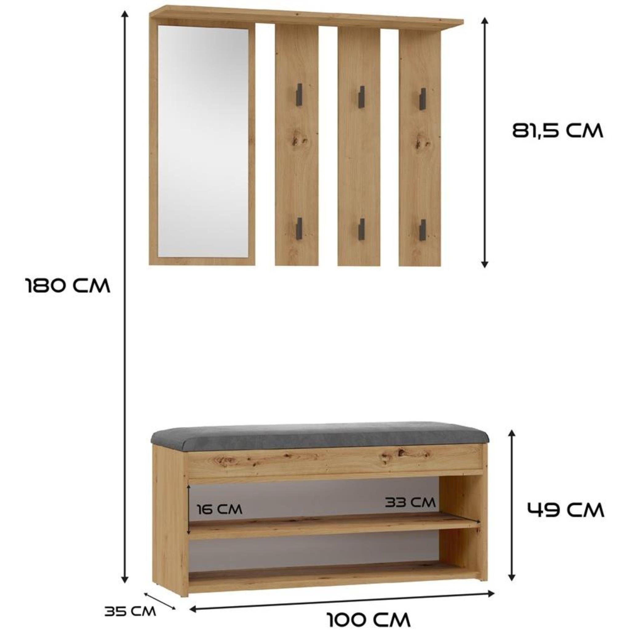 (Diele Set, Spiegel & Kleiderhaken, schwarze Schuhschrank, Artisan 6 Beautysofa offene Dieleschrank, Flurgarderobe), Calinda, Flur Garderoben-Set