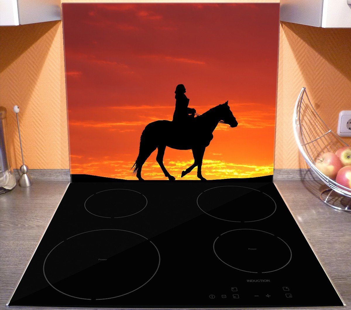 Sonnenuntergang, Reitersilhouette inkl. (Glasplatte, 1 Wallario 5mm ESG-Sicherheitsglas, Noppen), einem Herd-Abdeckplatte tlg., Größen vor verschiedene