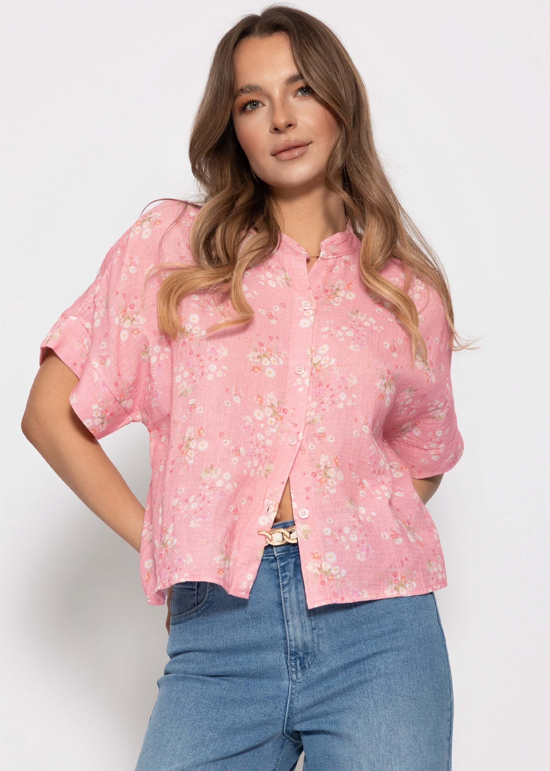 SASSYCLASSY Langarmbluse Musselin Bluse mit Blumenprint für Damen Weiche Bluse mit kurzen Ärmeln in lockerem Schnitt Rosa