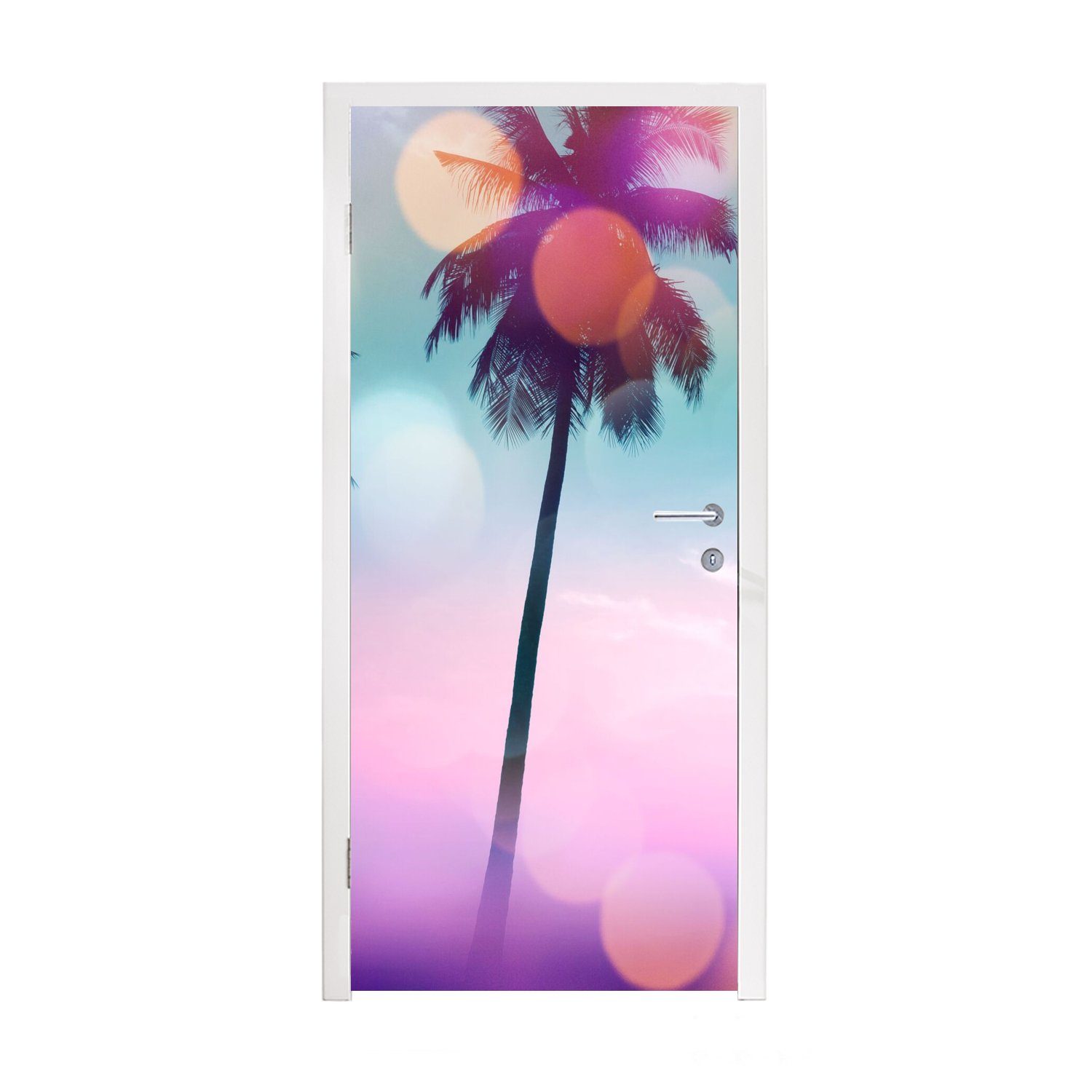 MuchoWow Türtapete Sommer - Palmen - Himmel - Rosa, Matt, bedruckt, (1 St), Fototapete für Tür, Türaufkleber, 75x205 cm