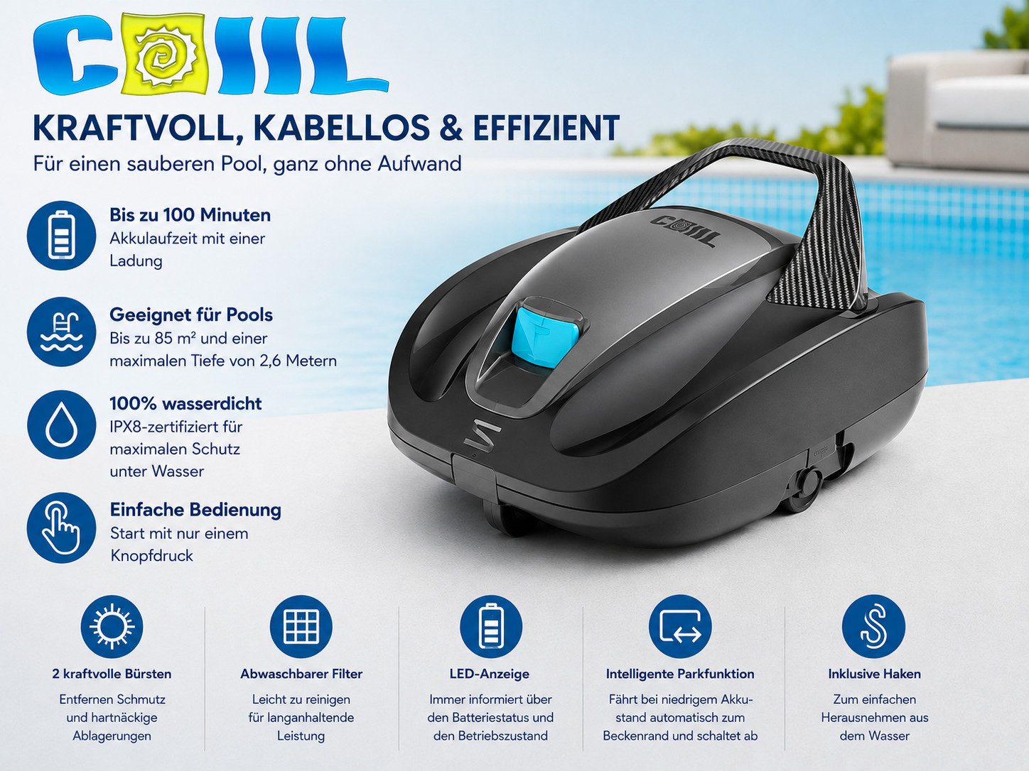 COIL Poolroboter Poolreinigungsroboter - Akku Poolroboter - Kabelloser Poolreiniger, 100 Minuten Laufzeit – IPX8 Wasserdicht - Akku - bis zu 85 m²