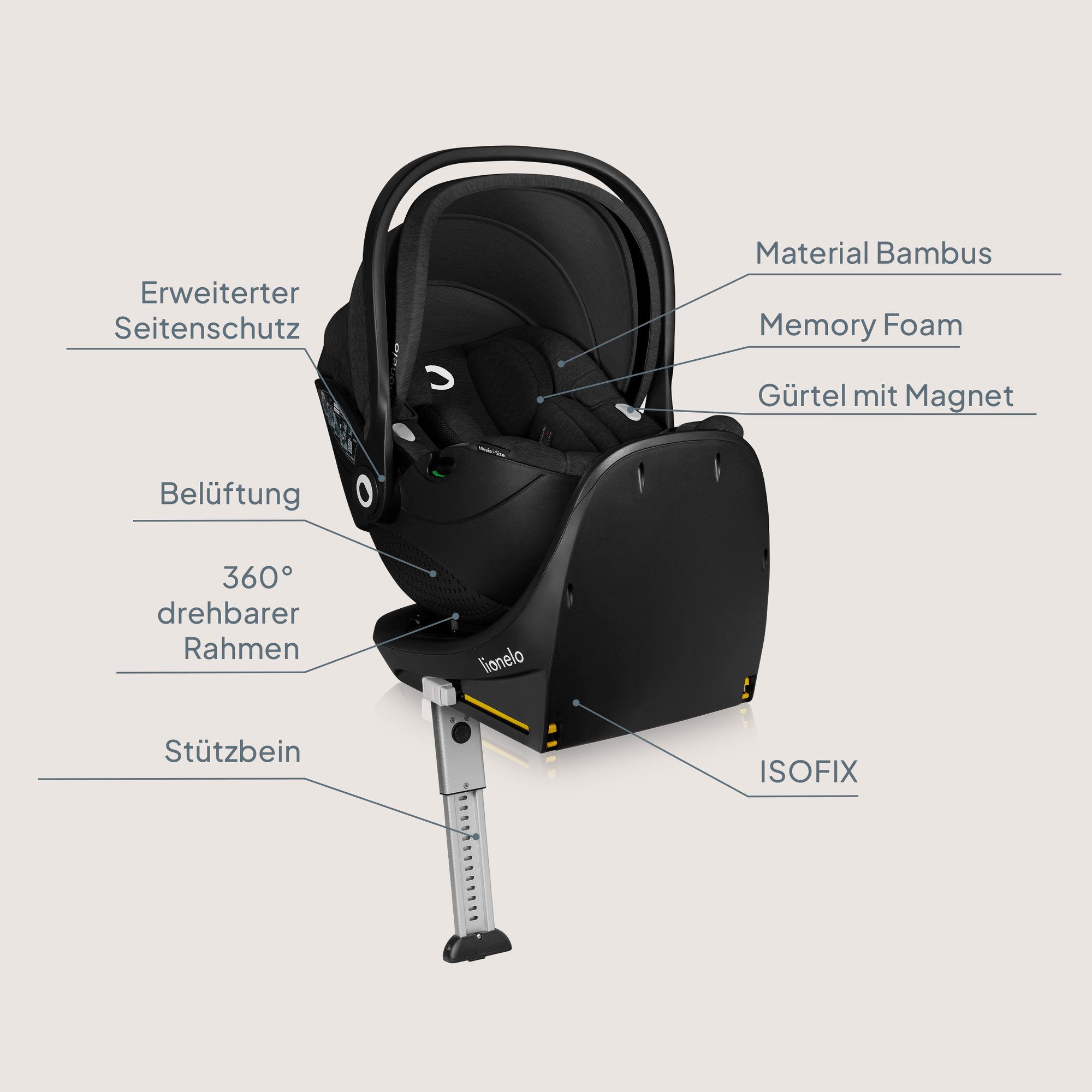lionelo Autokindersitz MOXIE I-SIZE SET, ab: ab Geburt, bis: bis 87 cm, ab: 40 cm, bis: 87 cm, (Set mit 360°-Basis), Inklusive 360°-Basis/Memory Foam/Bambus/Dri-Seat/Magnetgurte