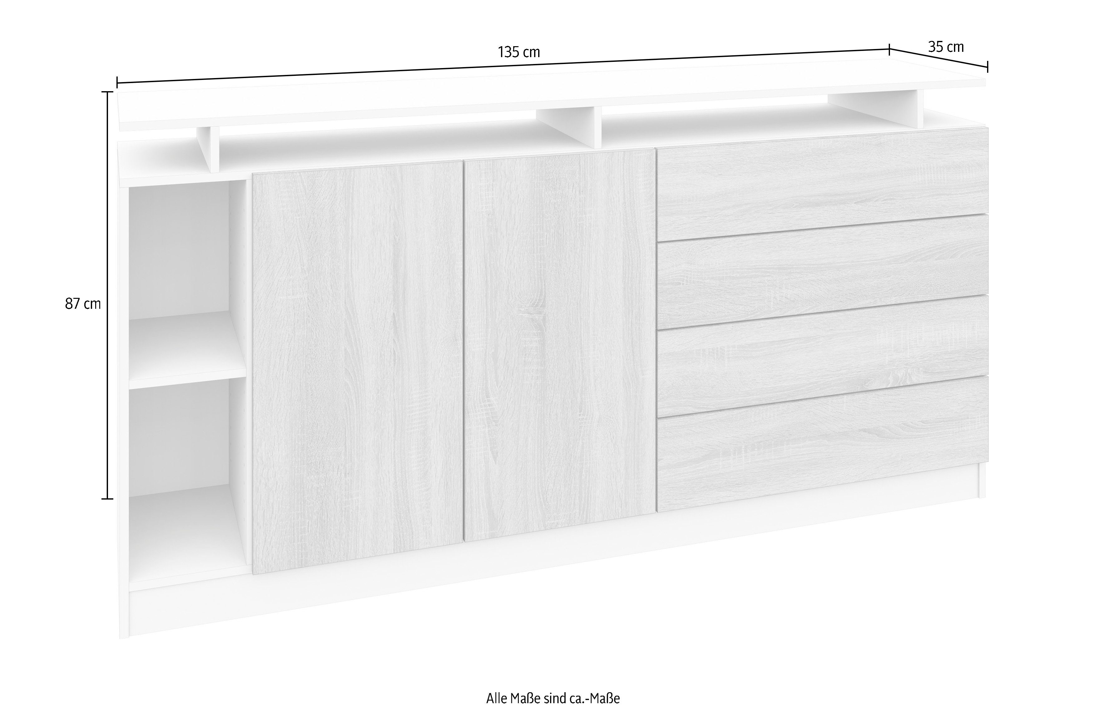 Optik, borchardt Sonoma Wallis, Sonoma grifflose Sideboard moderne Eiche | Push-to-Open-Funktion Eiche Möbel mit