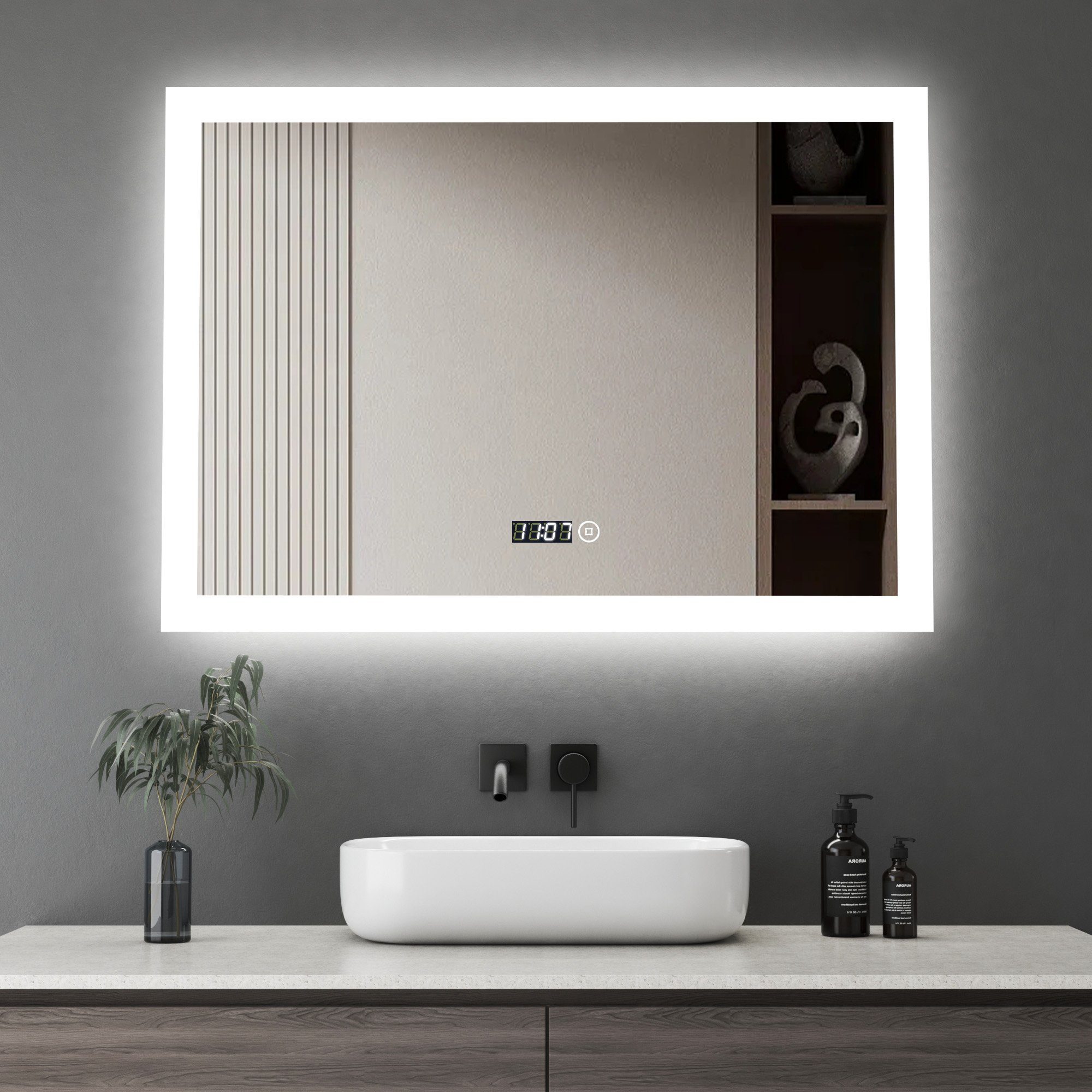WDWRITTI Wandspiegel Led Badspiegel 80x60 mit Uhr 3Lichtfarben Dimmbar Speicherfunktion (Spiegel mit beleuchtung, Kalt/Neutral/Warmweiß), Touch, Wandschalter, Energiesparend