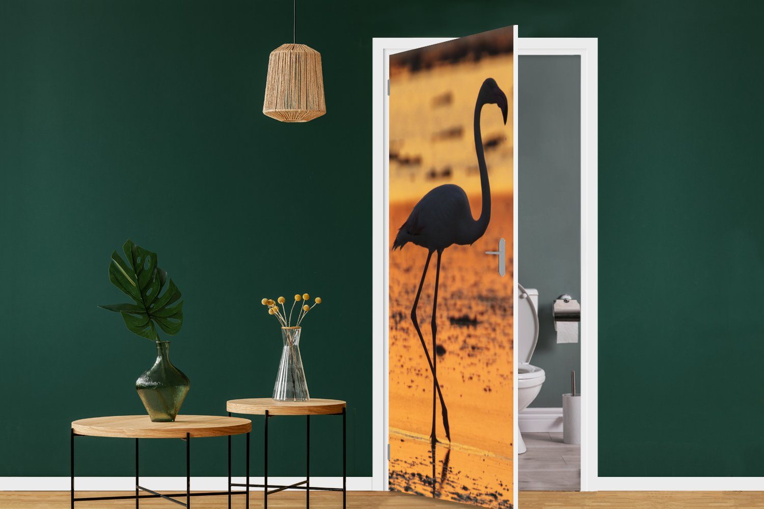 75x205 Tür, bei bedruckt, cm St), Türtapete MuchoWow Flamingos Fototapete eines Sonnenuntergang, Silhouette Matt, für Türaufkleber, (1