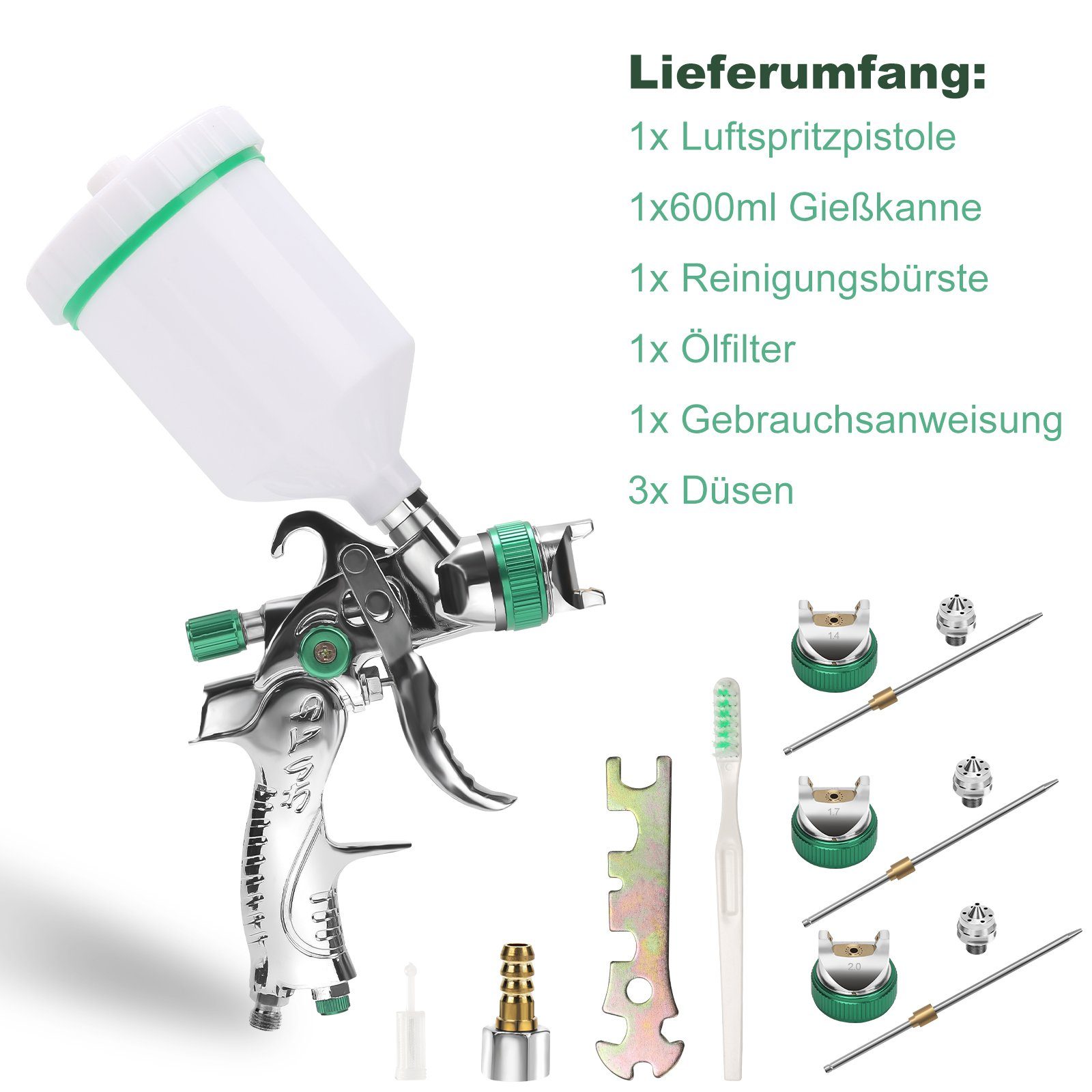 Gimisgu Farbsprühgerät HVLP Lackierpistole HVLP 600ml mit Lackierpistole Sprühflasche 3xDüse