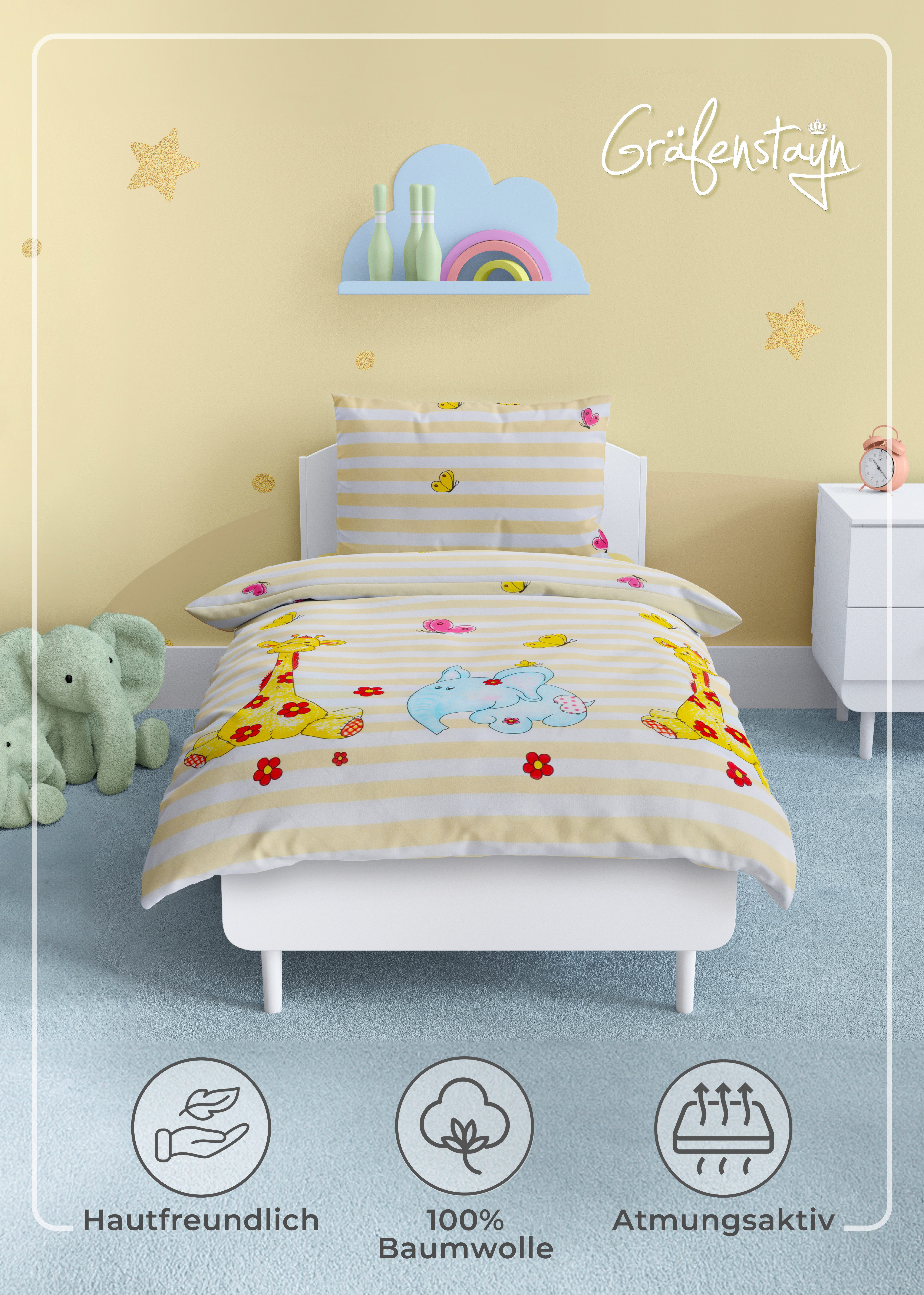 Gräfenstayn Kinderbettwäsche Set mit Tiermotiv und integriertem Reißverschluss - aus 100% Baumwolle, 2 teilig, Deckenbezug 135x100cm und Kissenbezug 60x40cm (Giraffe/Elefant)