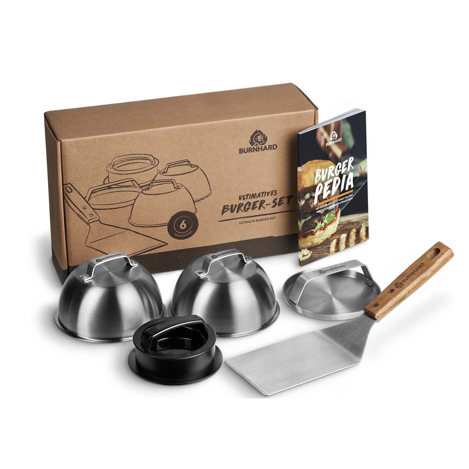BURNHARD® Burgerpresse Ultimatives Burger-Set 6 tlg. (6 St), Wender, Smasher, 2 Melting Domes & Rezeptheft, Geschenk für Männer