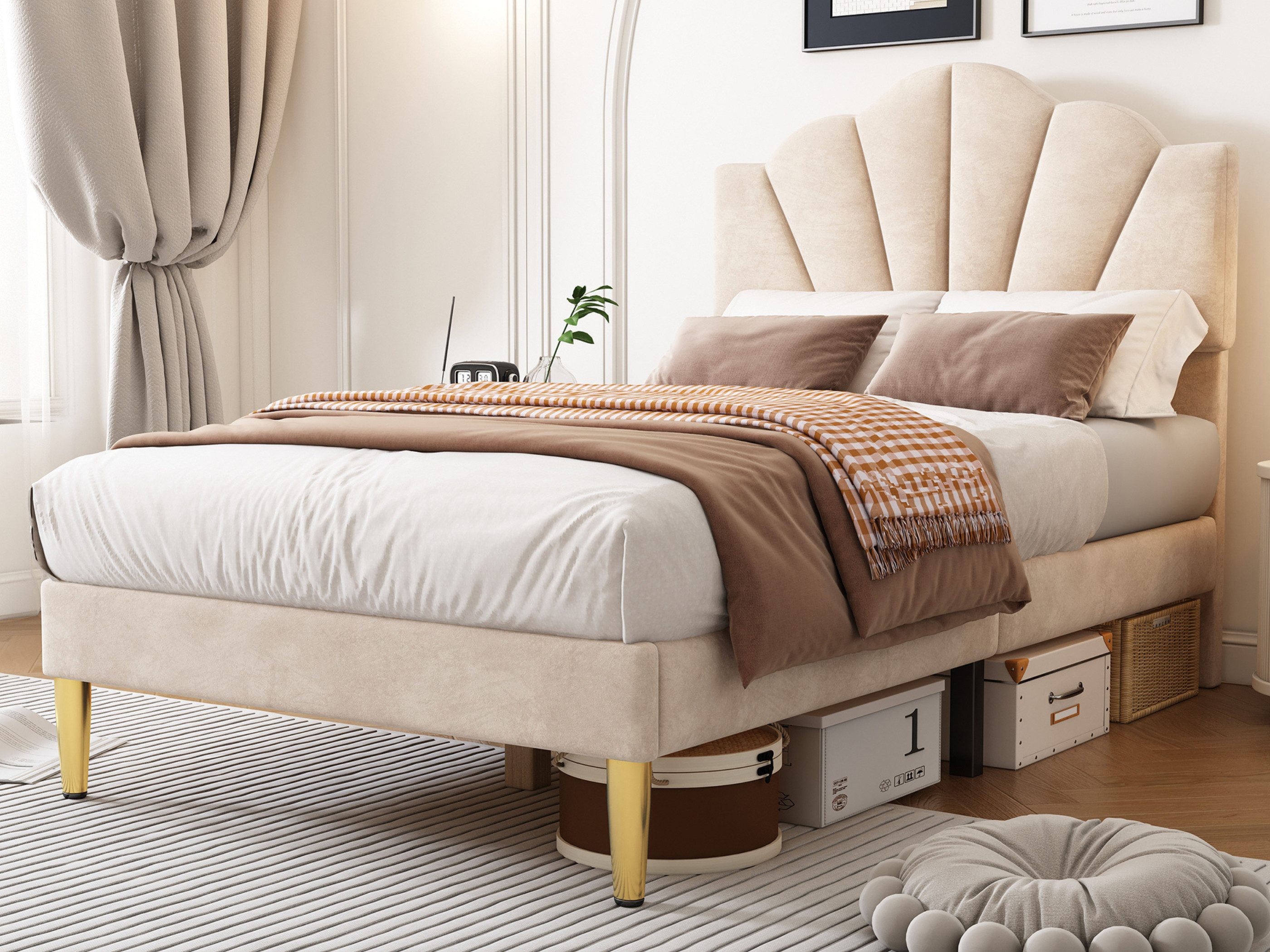 SeedWave Polsterbett mit Samtbezug, Höhenverstellbares Muschel-Kopfteil Goldene Metallbeine, 90/140 x 200 cm Bett mit Stauraum-Bank Set