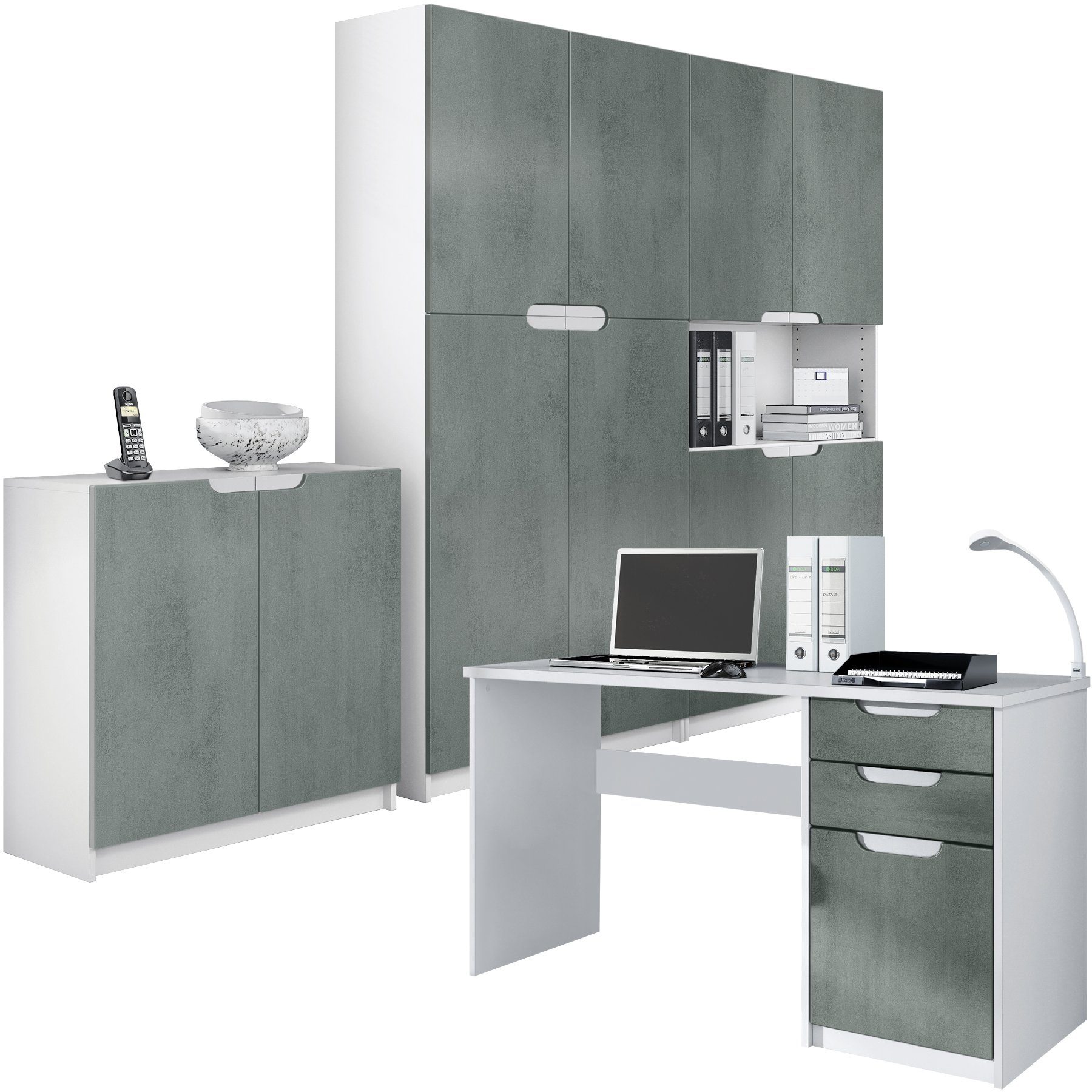 Vladon Aktenschrank Logan (Büromöbel-Set, 4-St., mit 1 Schreibtisch, 2 Schränken und 1 Kommode) Weiß matt/Beton Dunkel Optik (246 x 60 x 185 cm) Fronten in Beton Dunkel Optik