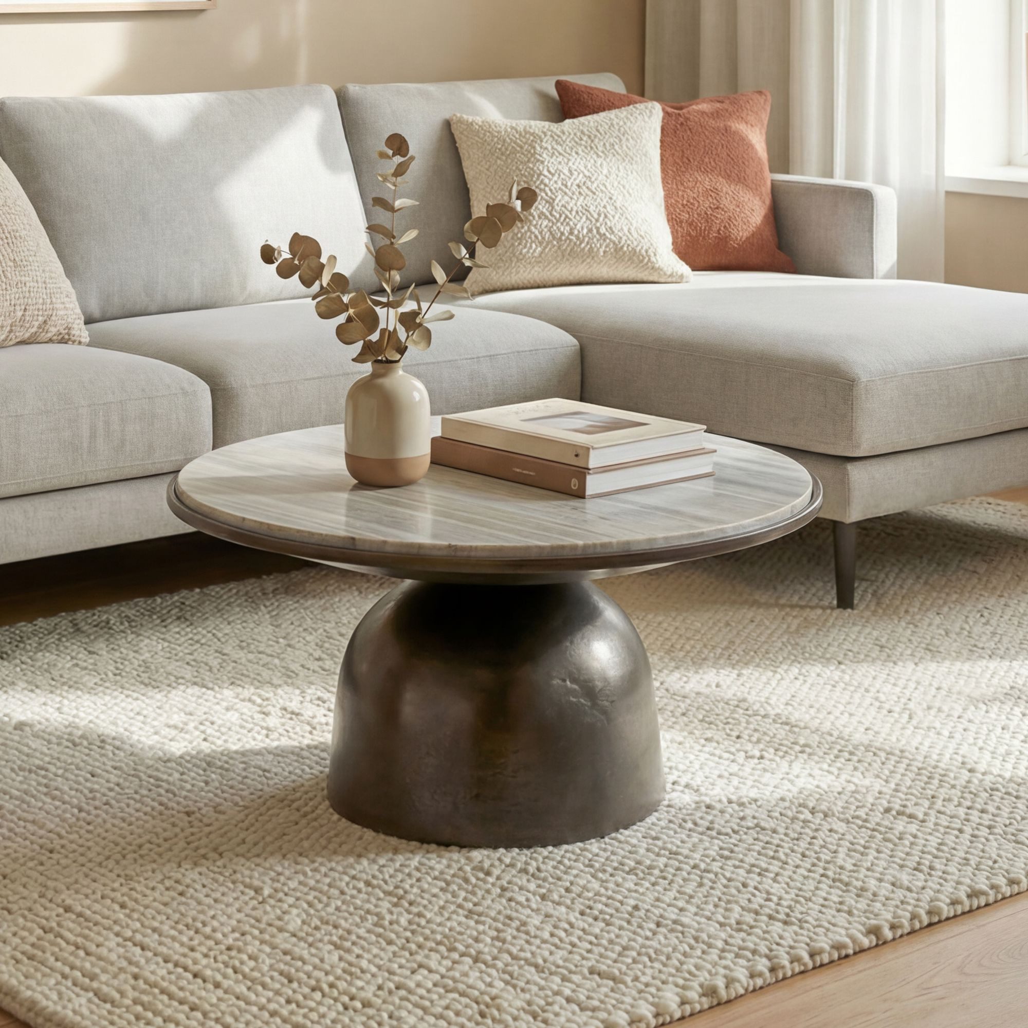FINEBUY Couchtisch FB116316 Sofatisch Marmor Wohnzimmertisch 60cm rund Tisch Handmade (Edles Möbelstück mit massiver Gesteinsplatte), Bauchiges Metallgestell für deine Lounge