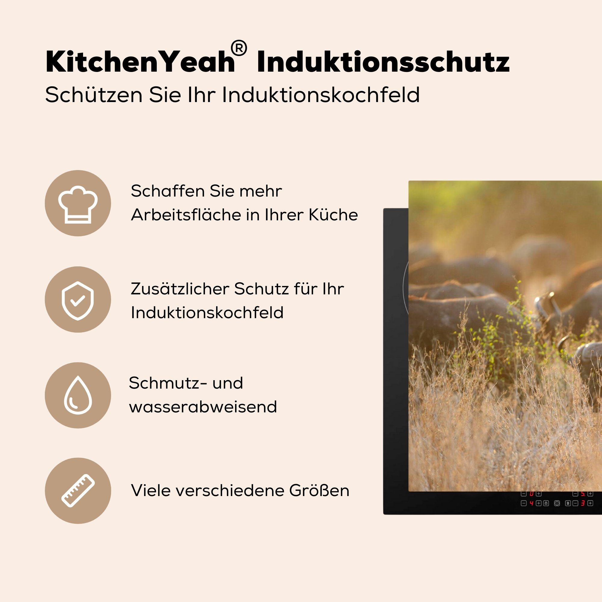 Schutz (1 tlg), des die Herdblende-/Abdeckplatte Ceranfeldabdeckung Savannen in Büffelherde Eine für cm, MuchoWow Luangwa küche, Vinyl, South National Induktionskochfeld 81x52 den Park,