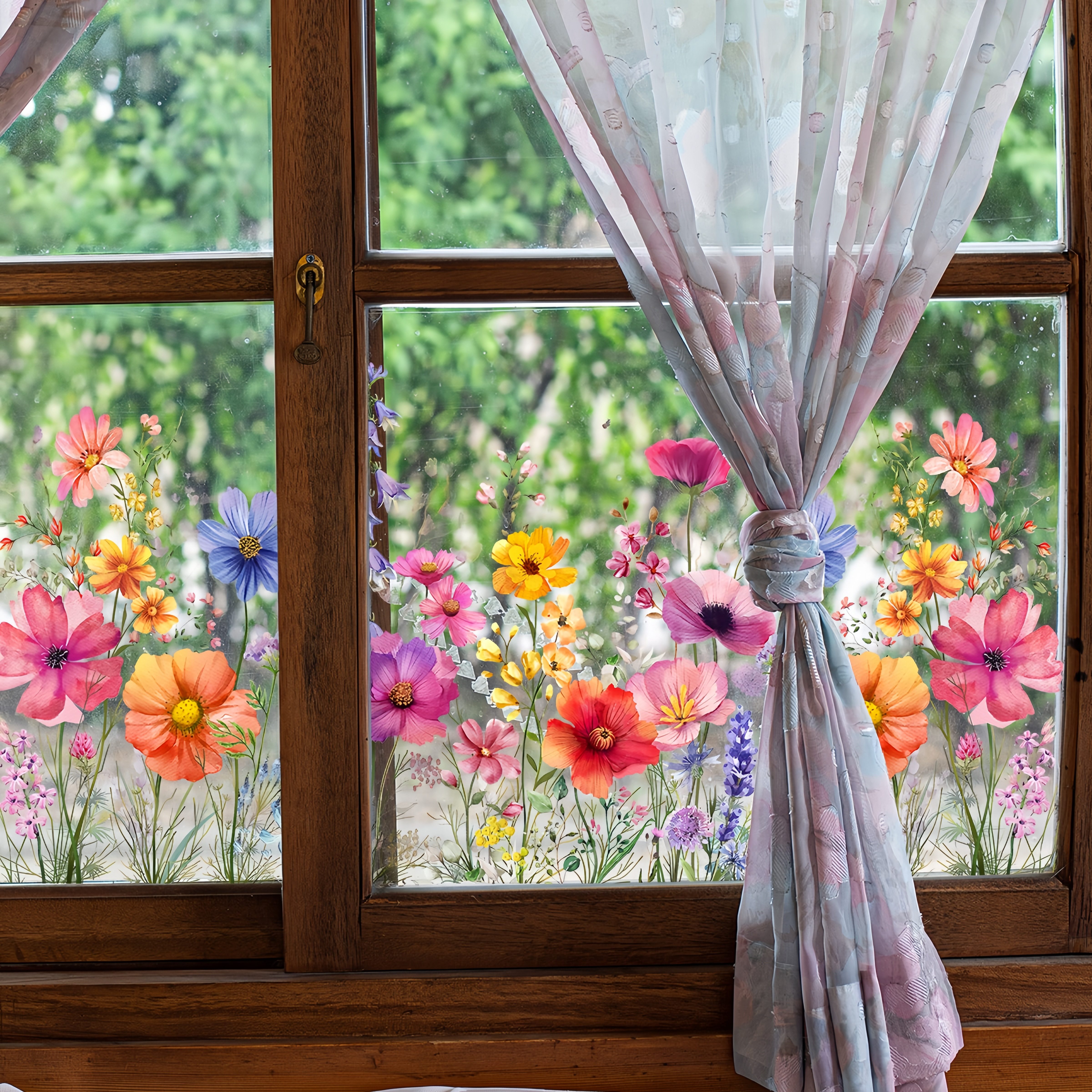 FOUORTUNATE-BEE Fenstersticker Fensterfolie Blumen bunt statisch beidseitig ablösbar Dekor, Für Fenster Glas Tür Wohnzimmer Büro Deko Vogelschutz Folie