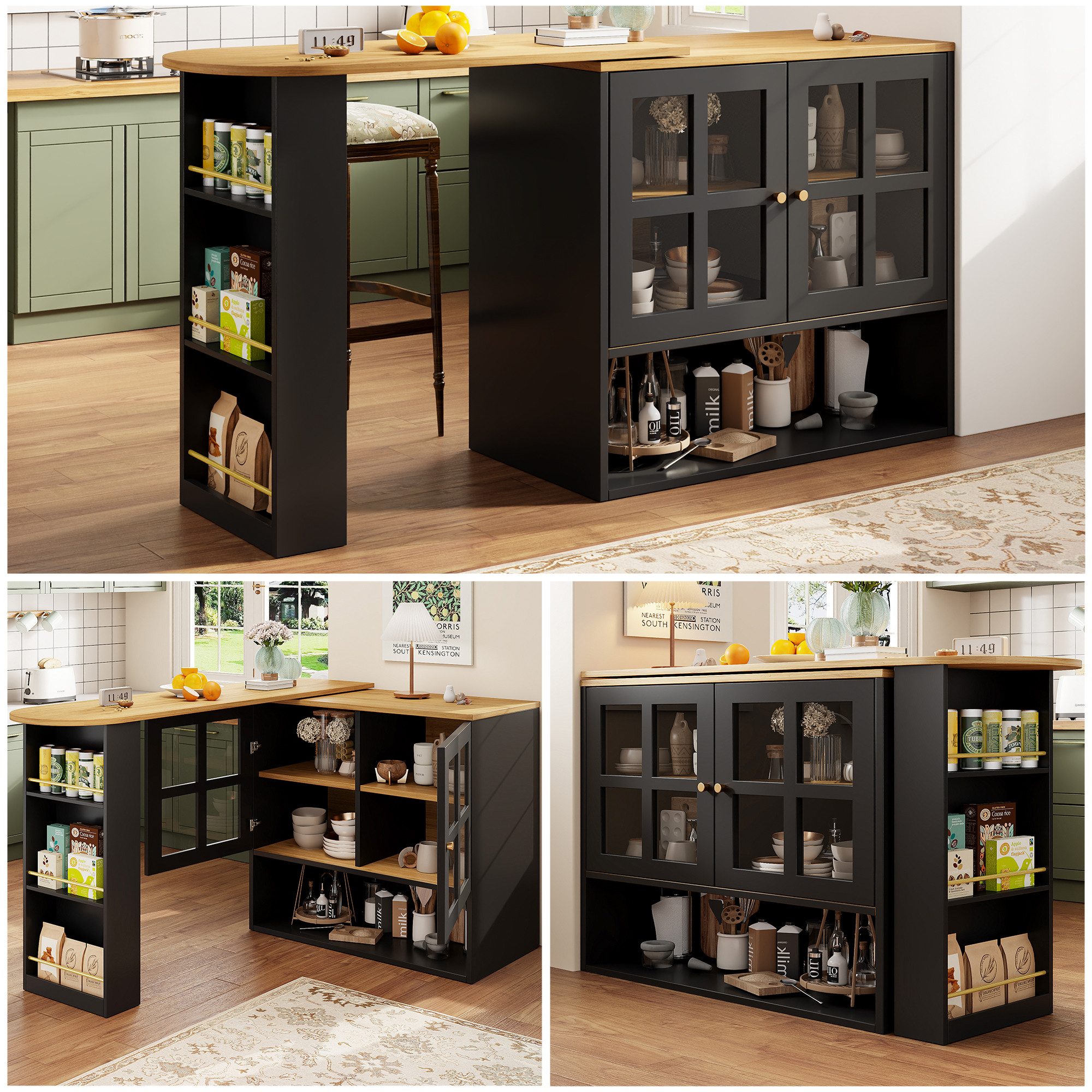Flieks Bartisch 360° drehbar Stehtisch mit Sideboard (Länge 138-204 cm, 1-St., mit Regalen und verstellbare Einlegeböden), ausziehbar Esstisch mit 4 Türen Kommode Bistrotisch Mehrzweckschrank