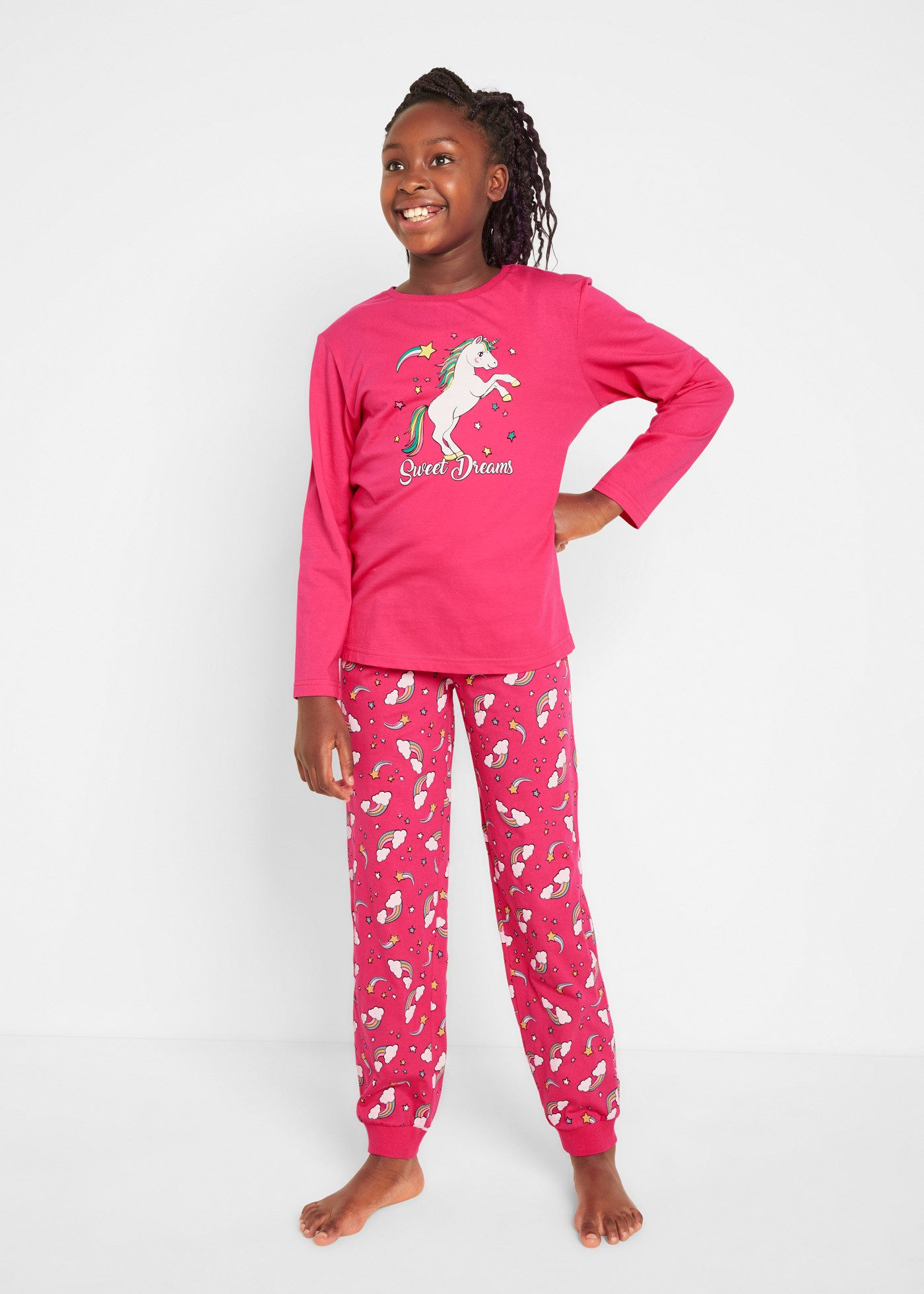 bonprix Pyjama (Set, 2 tlg) bequeme Passform, aus Baumwolle, mit Einhorn-Print