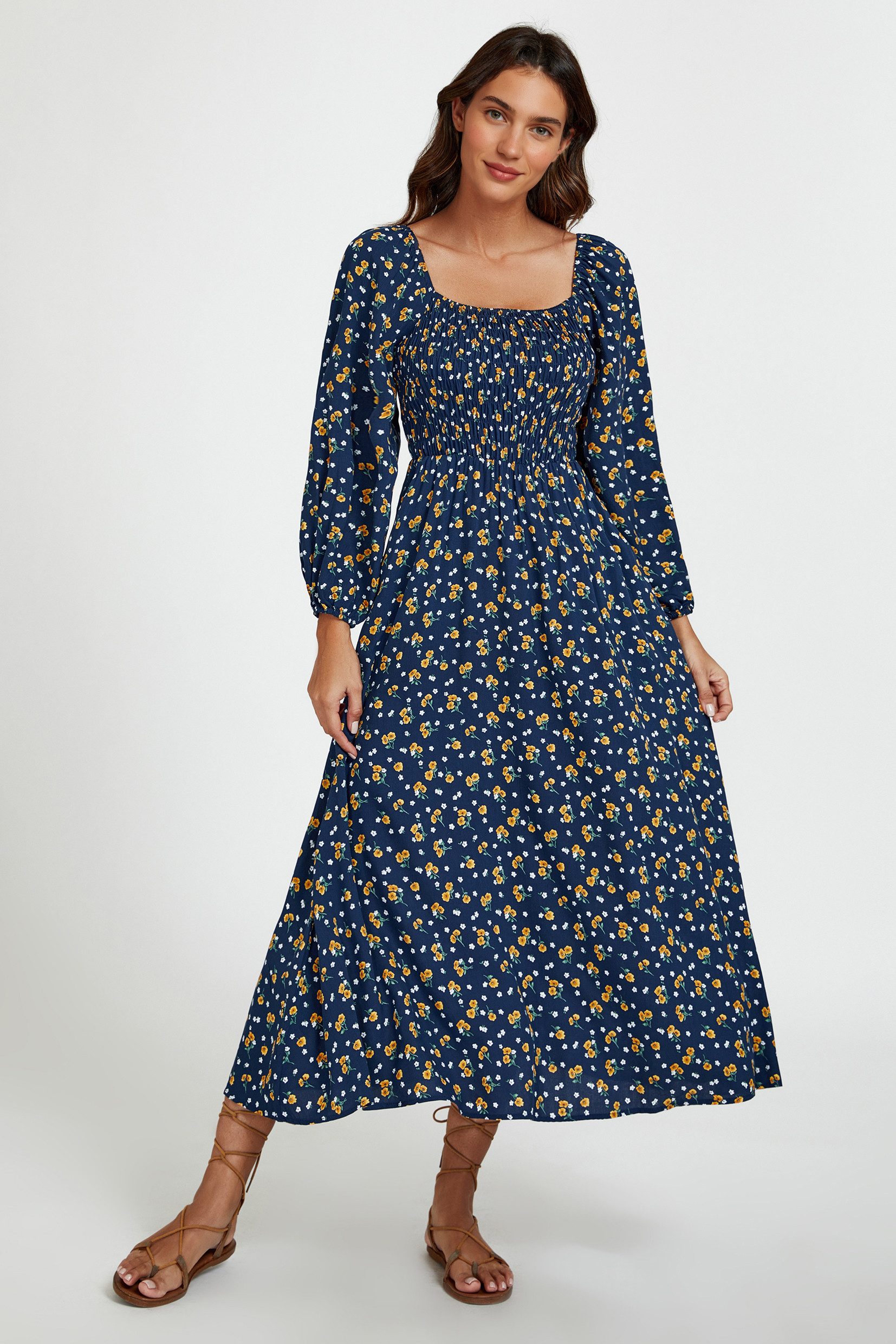 FS Collection Midikleid Damen Midikleid Print eckiger Ausschnitt gerafft Viskose Sommerkleid (Einheitsgröße: XS (EU:36 / UK:8) · S (EU:38 / UK:10) · M (EU:40 / UK:12) · L (EU:42 / UK:14) · XL (EU:44 / UK:16), 2 Farben : Weiß Floral und Marineblau Floral) 100% Viskose – weich, angenehm auf der Haut und fließender Fall.