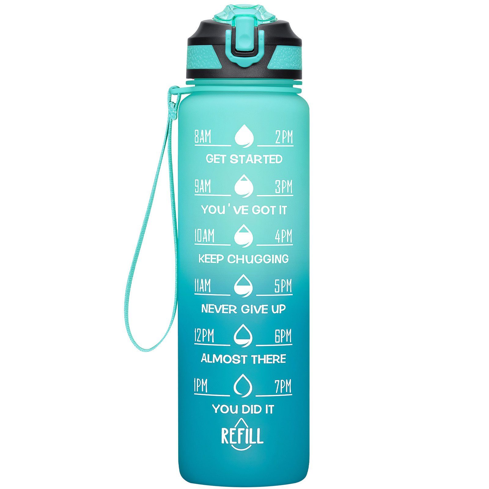 OKWISH Trinkflasche Sport Wasserflasche Sportflasche Auslaufsicher 1 Liter BPA-Frei 1L, Zeitmarkierung und Strohhalm Fitness Outdoor Camping Fahrrad Wandern Hellblau