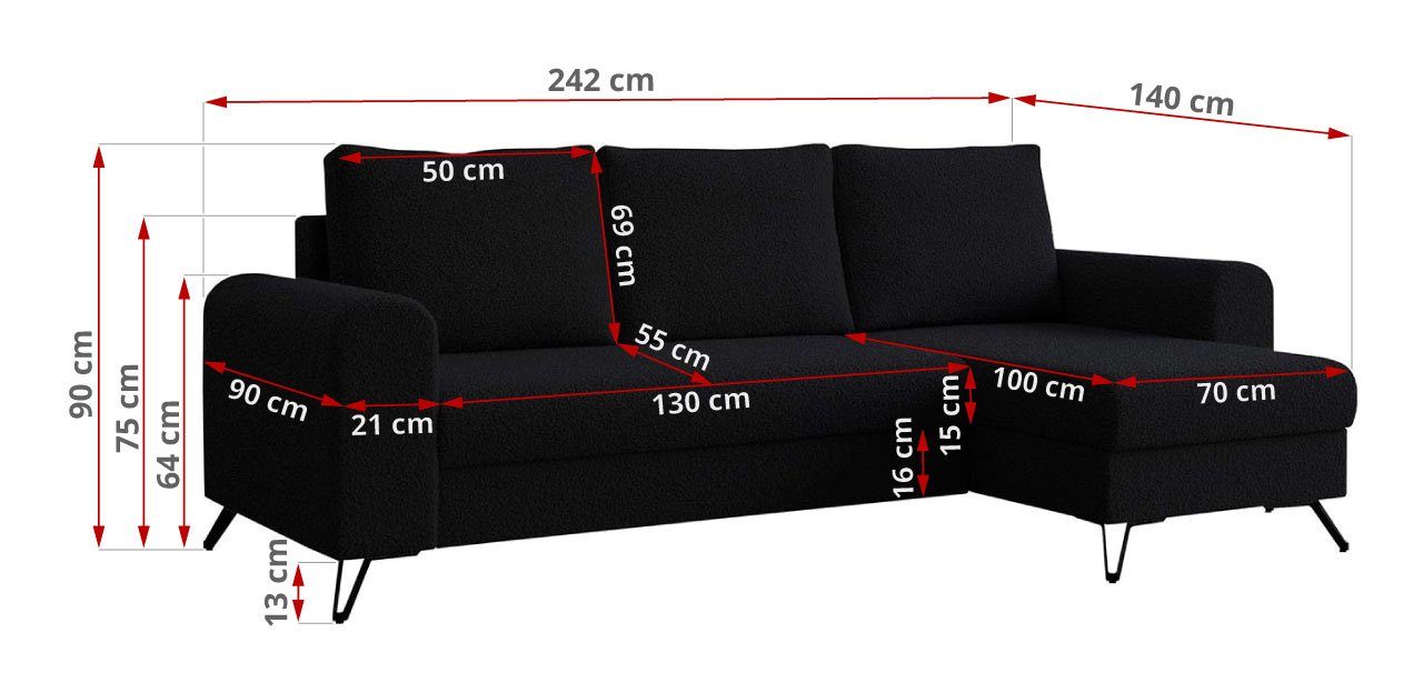 MKS MÖBEL L-Form, HUGO, Never mit Ecksofa, lose Ecksofa Federkern, kissen Schwarz or mit Bettfunktion, Now Modern