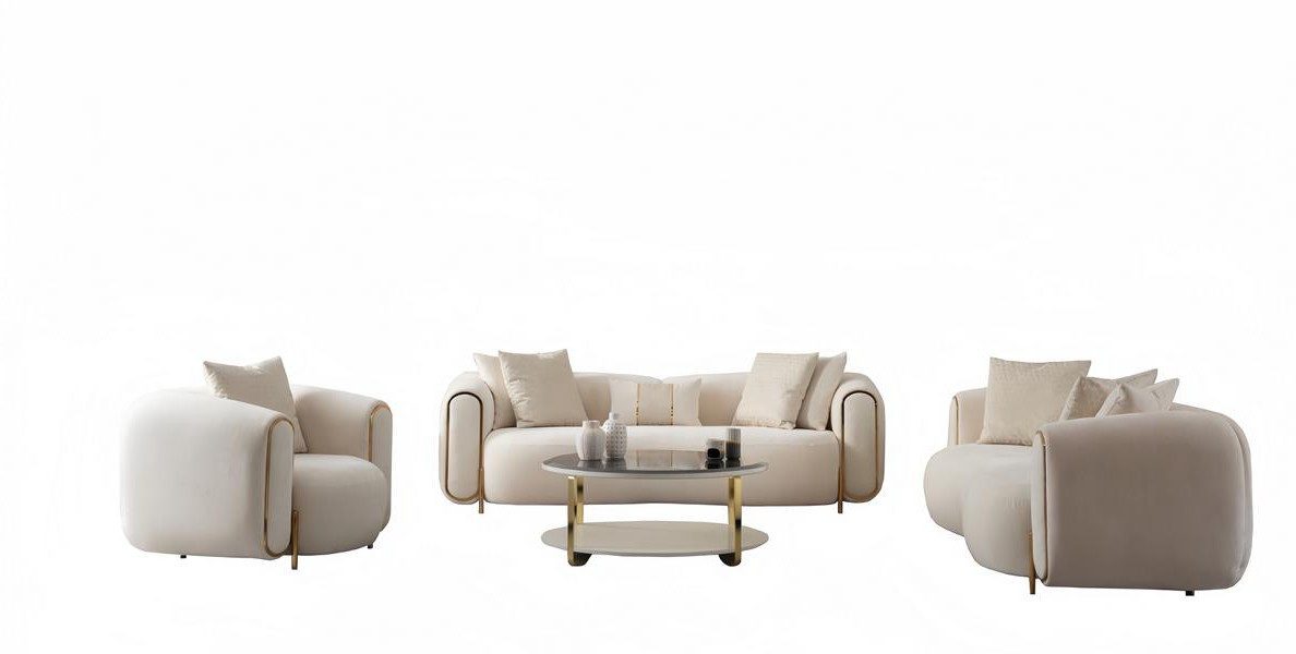 Xlmoebel Polstergarnitur Luxus Wohnzimmer Set Sofa 3-Sitzer Sessel Couchtisch Weiß, (4-tlg), Made in Europa