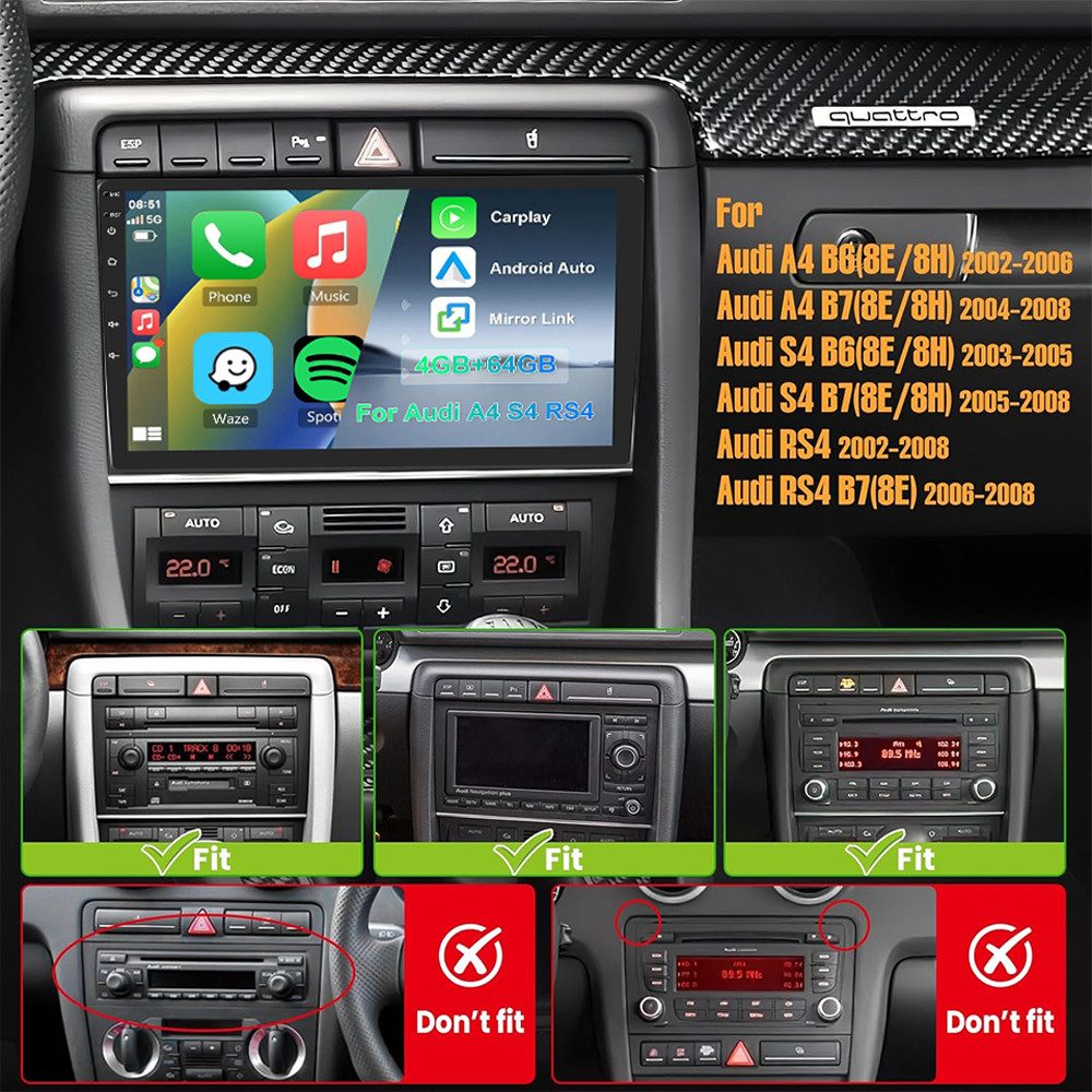 ESSGOO Für Audi A4 S4 RS4 B6 B7 SEAT EXEO CarPlay GPS SWC RDS Autoradio (RDS, Digitalradio (DAB), FM, AM, 2 DIN Carplay Bluetooth Rückfahrkamera(optional) Navigationsgeräte)