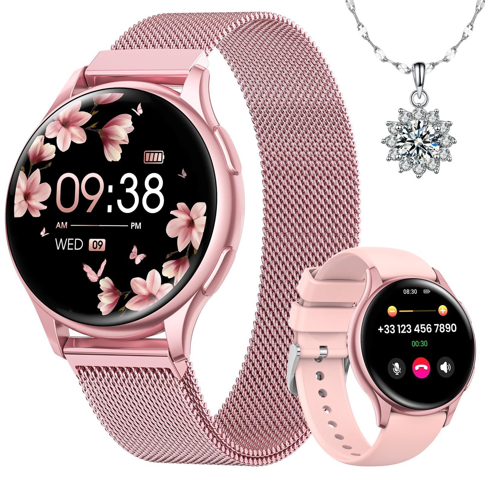 SWGOTA 2026 NEW Smartwatch Damen Fitnessuhr Damen mit Pulsuhr,SpO2,Blutdruck Smartwatch (3.23 cm/1,27 Zoll, High-Definition-Display), IP68 Smartwatch Damen rund mit Anrufe,Schlafmonitor,Edle Halskette