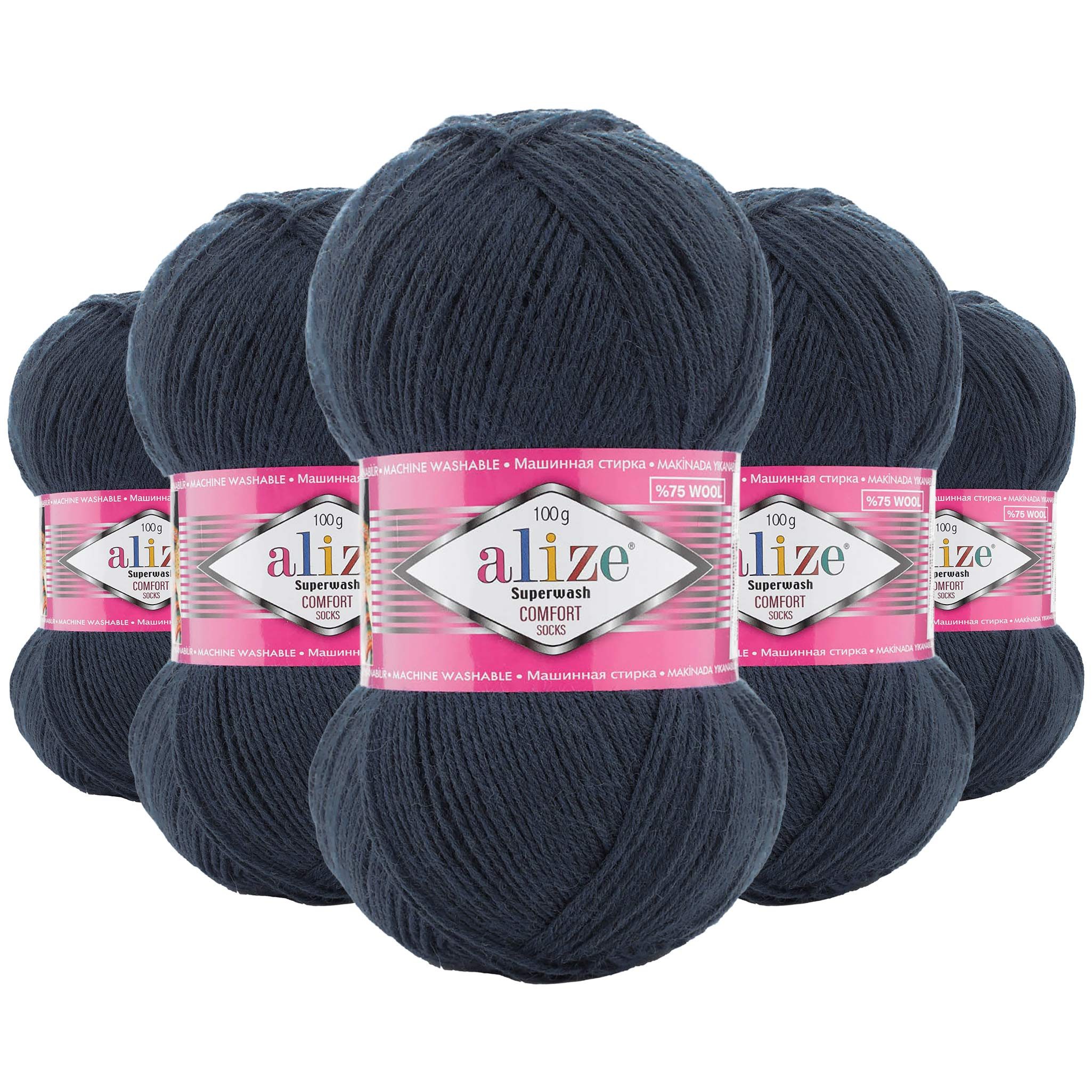 Alize 5x100g Sockenwolle Superwash Comfort 4-fädig Strumpfstrickgarn Häkelwolle, 2100 m (5-St), 846 jeans