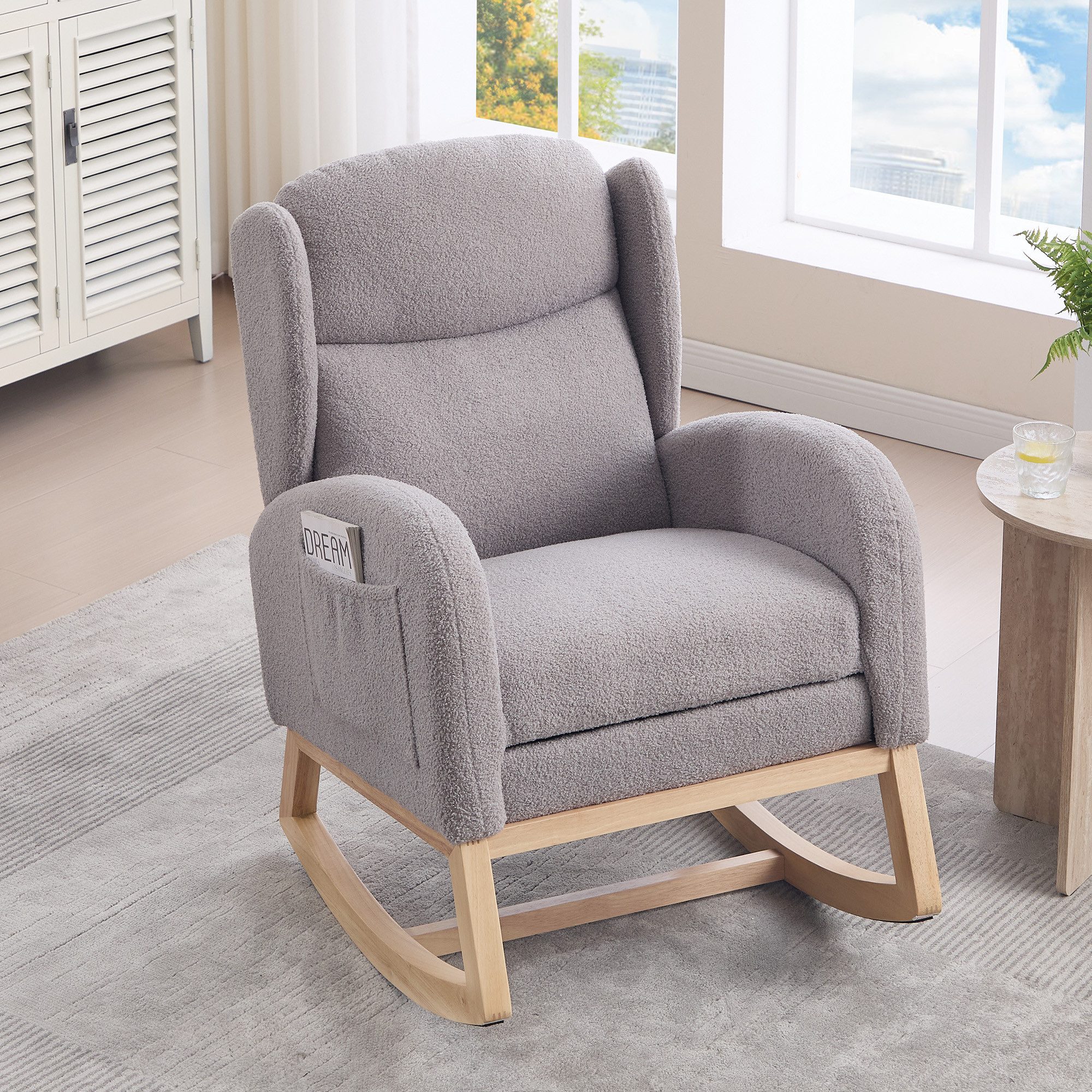 MODFU Schaukelstuhl Lounge-Sessel im modernen Design (mit Teddy-Stoff, verstellbare Fußstütze & Holzgestell)