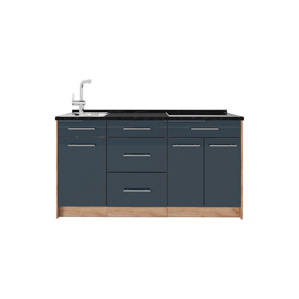 Vicco Küchenzeile Fame-Line, Dunkelblau Hochglanz, 150 cm, AP Anthrazit