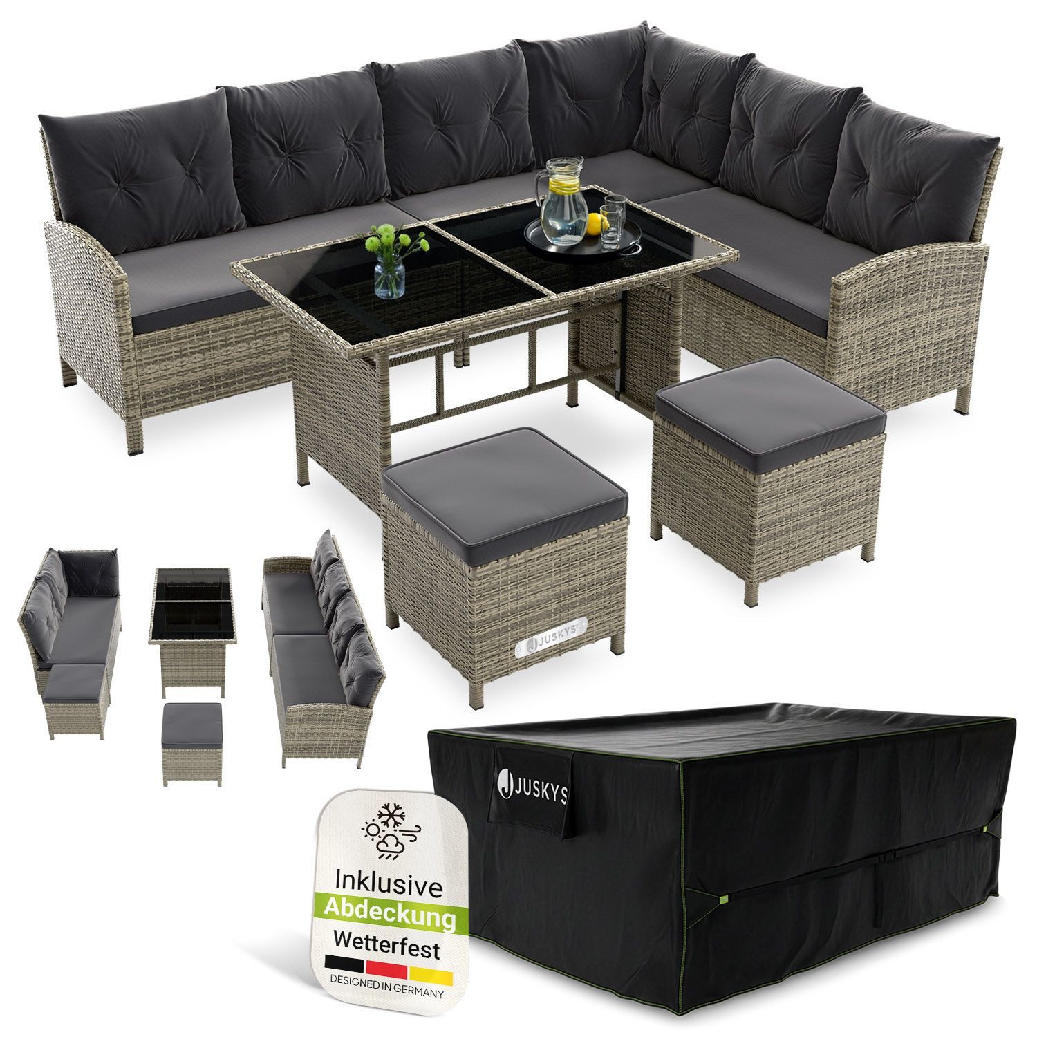 Juskys Gartenlounge-Set Manacor, (Gartenlounge), Polyrattan Gartenmöbel-Set mit Sofa, Tisch und Hocker inkl. Abdeckung