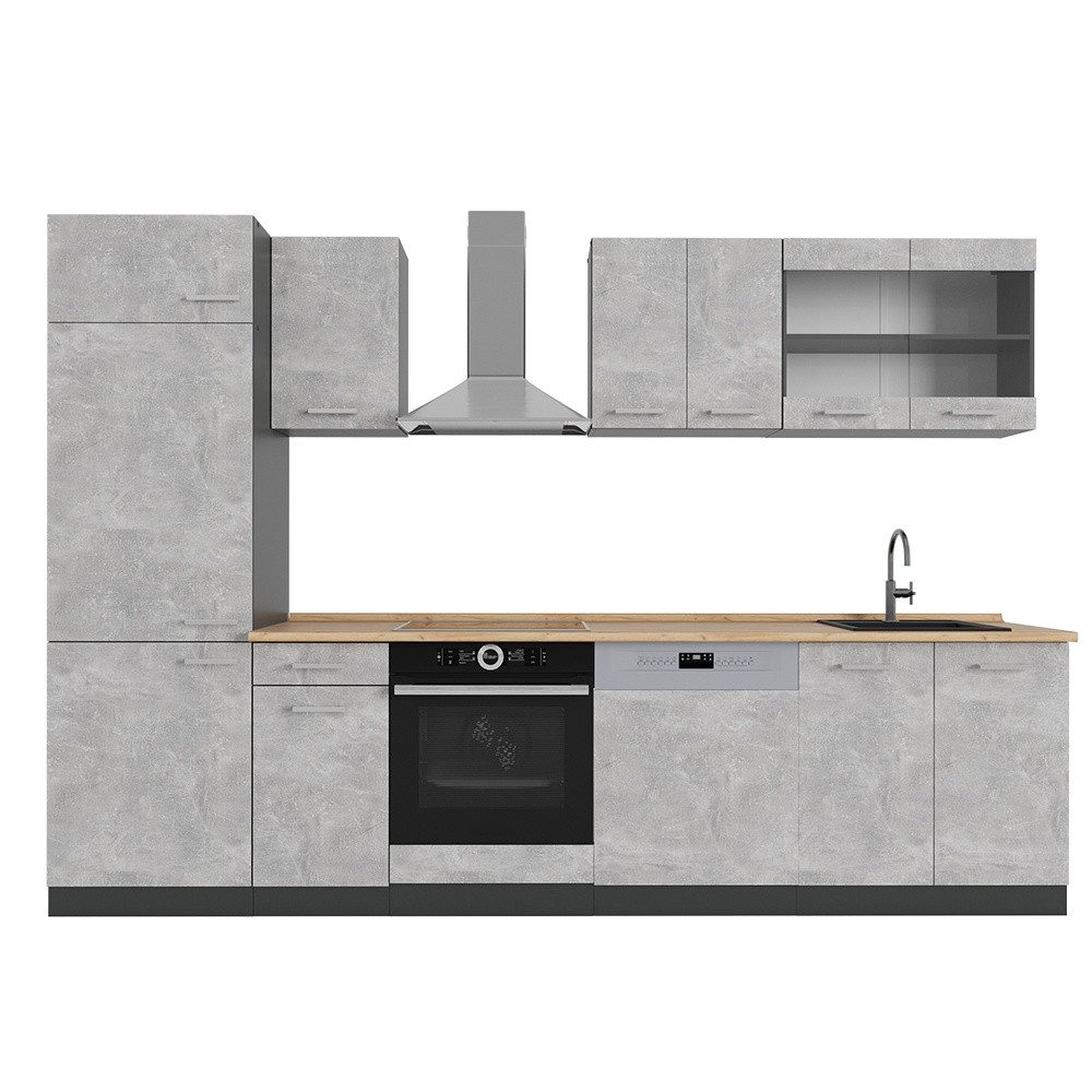 Vicco Küchenzeile R-Line, Beton/Anthrazit, 300 cm ohne Arbeitsplatte