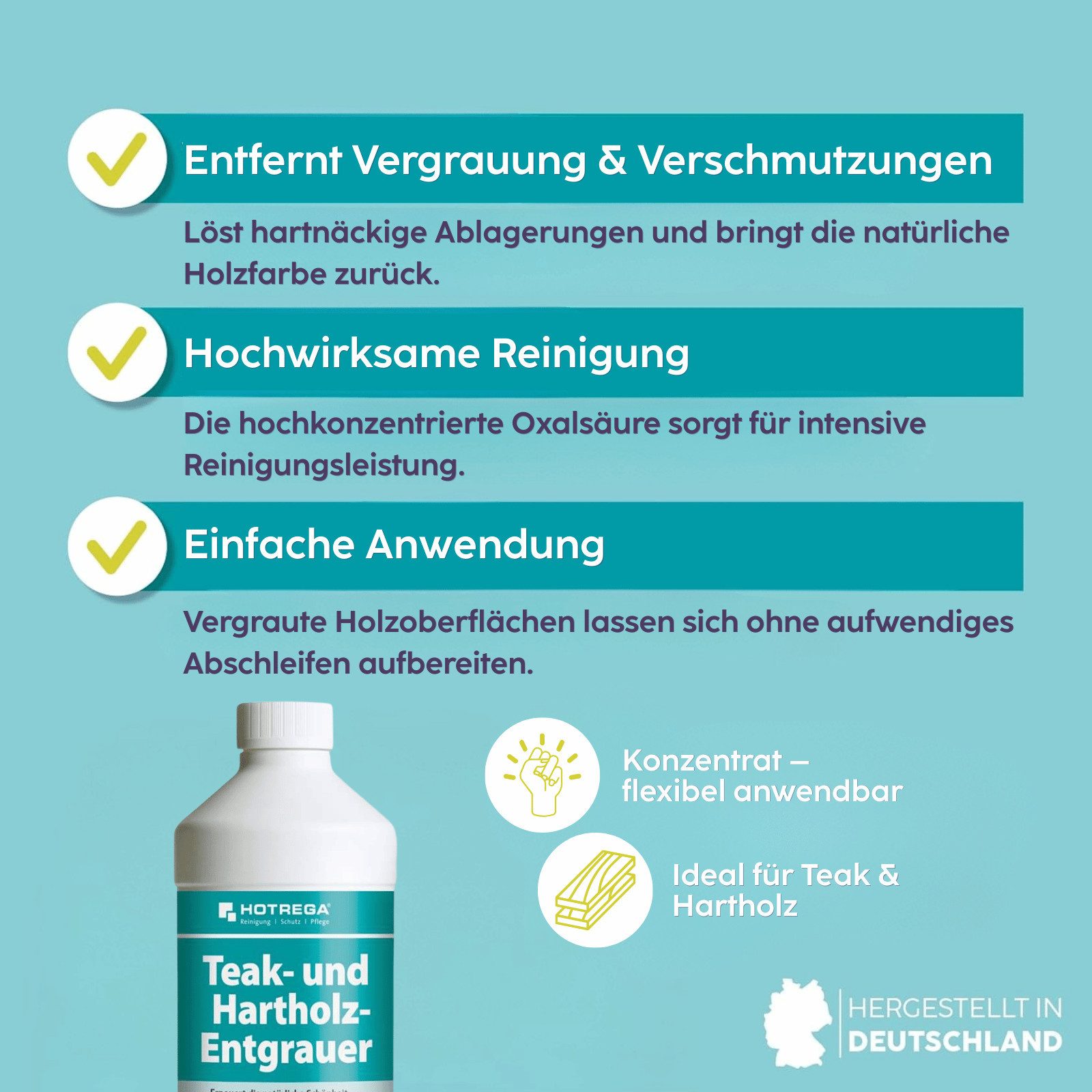 HOTREGA® Teakholz Entgrauer Teak Hartholz entgrauen Teak Holz Stühle Tische 1L Pflegeset