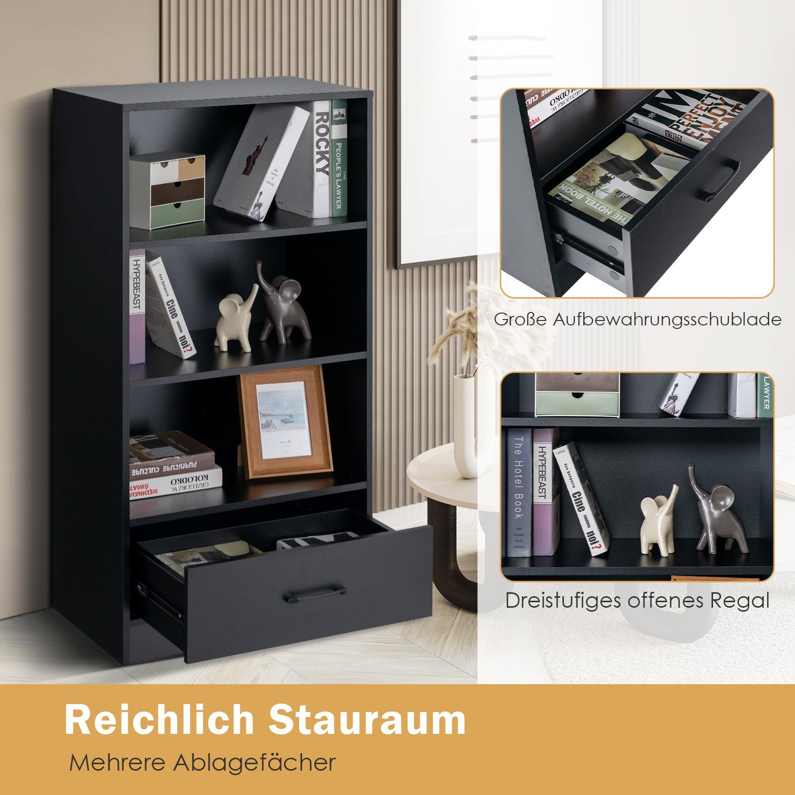 3 mit Bücherregal, Fächern COSTWAY 60x38x120cm Standregal großer schwarz Schubladen & | schwarz