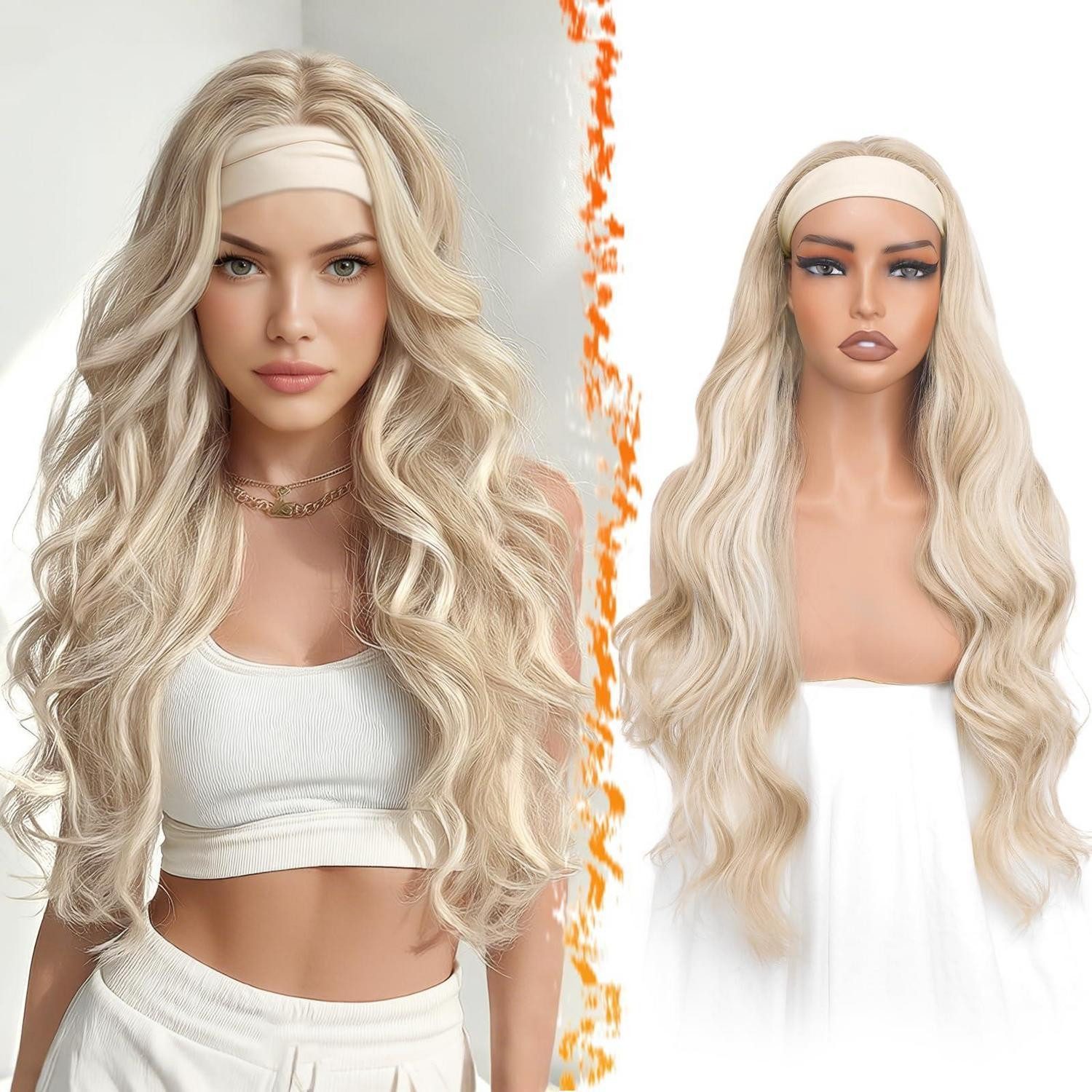 LuxusKollektion Kunsthaarperücke Perücke Stirnband Body Wave Synthetik Damen 66cm Blond Highlight
