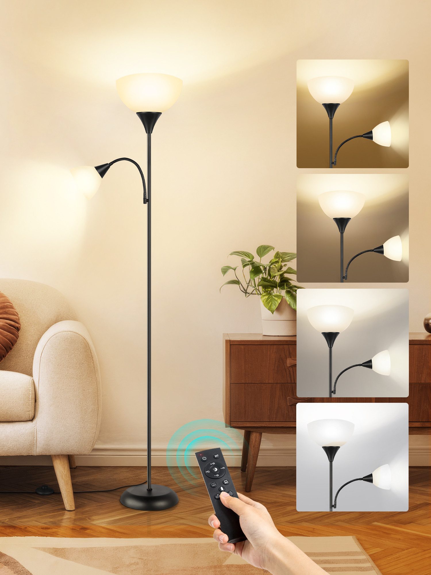 OUTON LED Stehlampe Bodenlampe mit Fernbedienung, 9W, 4 Farbtemperaturen, LED wechselbar, mit schwerem Standfuß und Acryl-Schirme